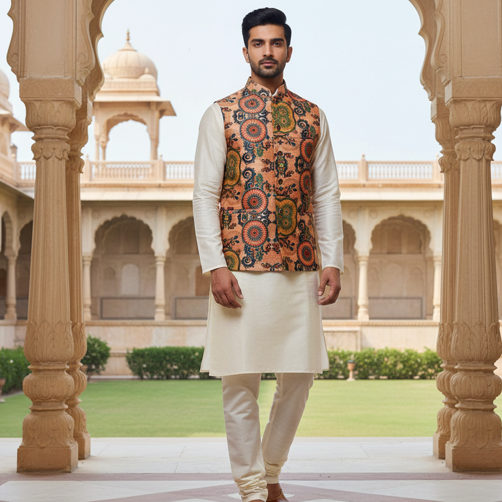 Men?s Rust Orange Printed Nehru Jacket with Ivory Kurta Pajama ? Festive Ethnic Ensemble