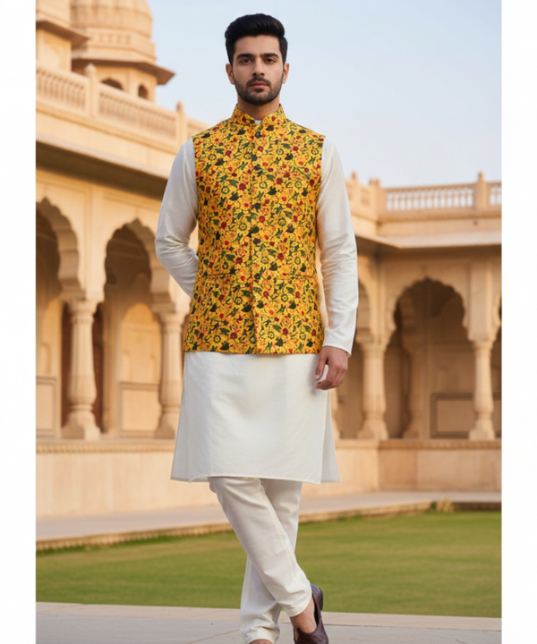 Men?s Mustard Yellow Printed Nehru Jacket with Ivory Kurta Pajama ? Festive Ethnic Wear