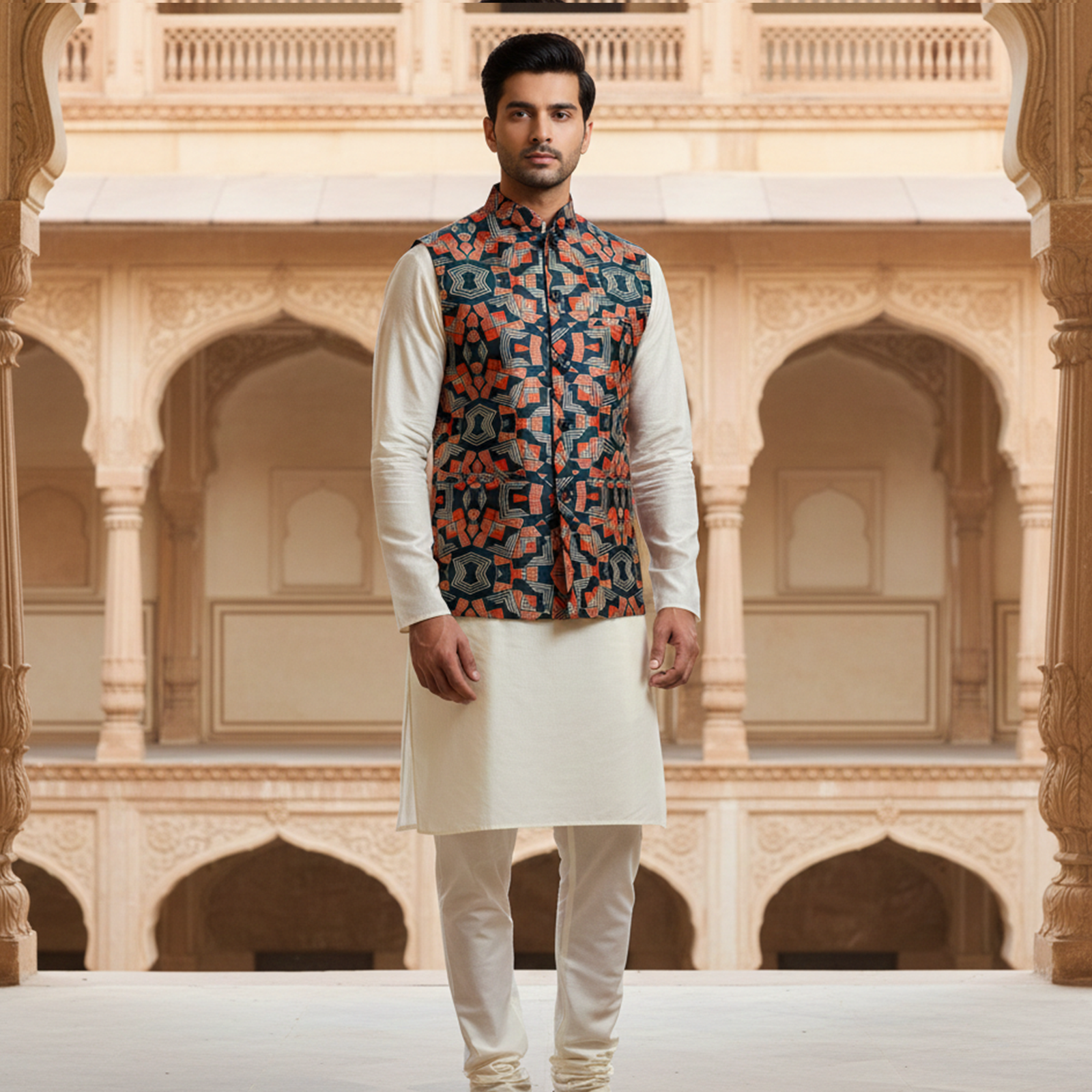 Men?s Navy Blue Geometric Printed Nehru Jacket with Ivory Kurta Pajama ? Contemporary Ethnic Wear