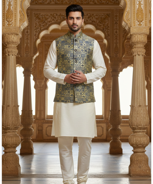 Men?s Olive Green & Gold Jacquard Nehru Jacket with Ivory Kurta Pajama ? Regal Festive Wear