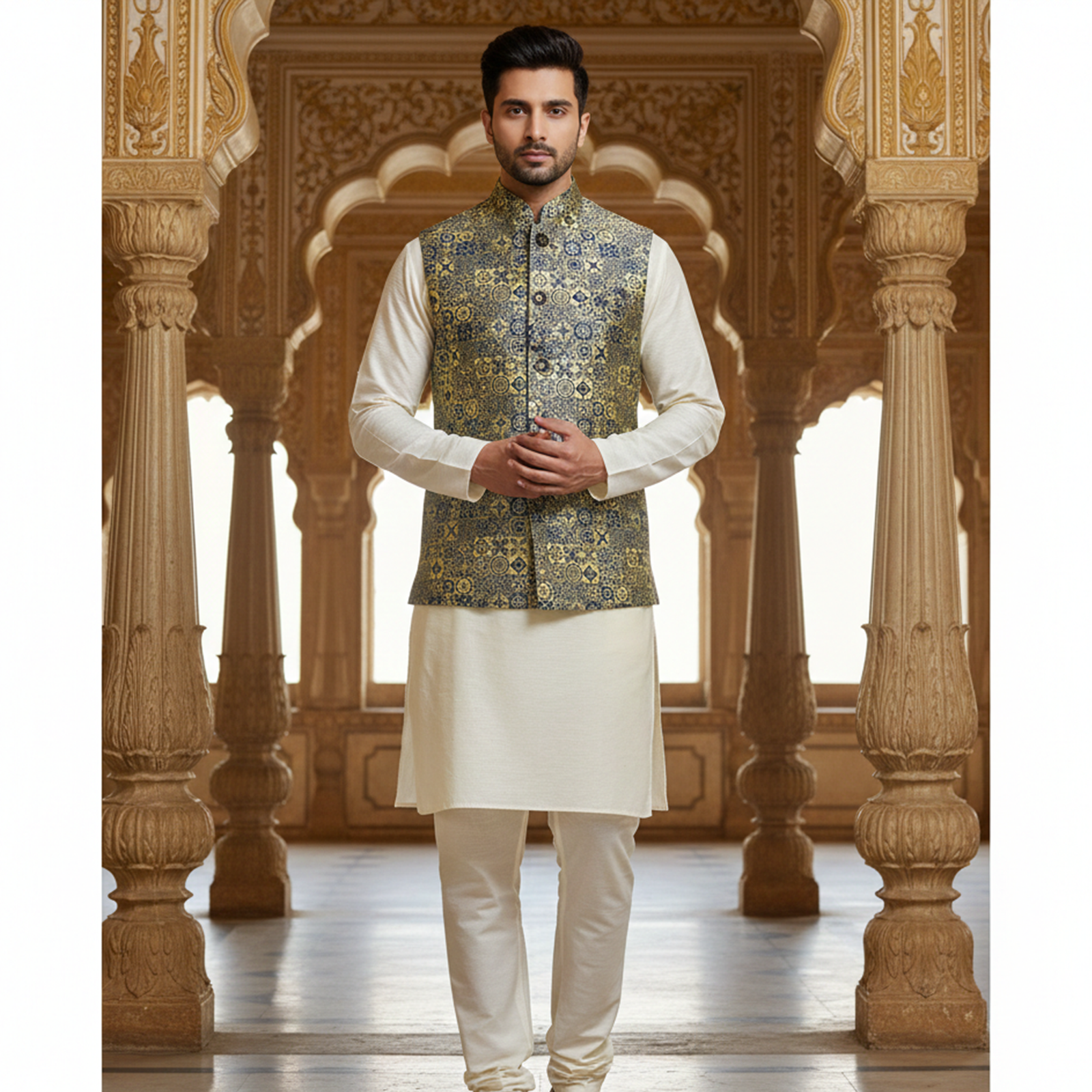 Men?s Olive Green & Gold Jacquard Nehru Jacket with Ivory Kurta Pajama ? Regal Festive Wear