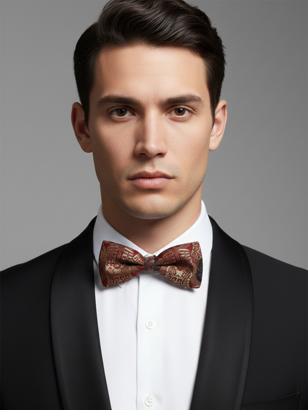 The Crimson Gilded Beau: Dark Red & Rose Gold Bow Tie