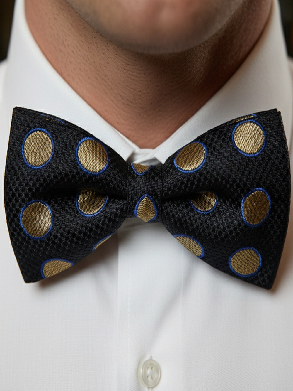 Black Bow Tie with Gold & Blue Polka Dot Design ? Stylish Formal Accessory - Image 2