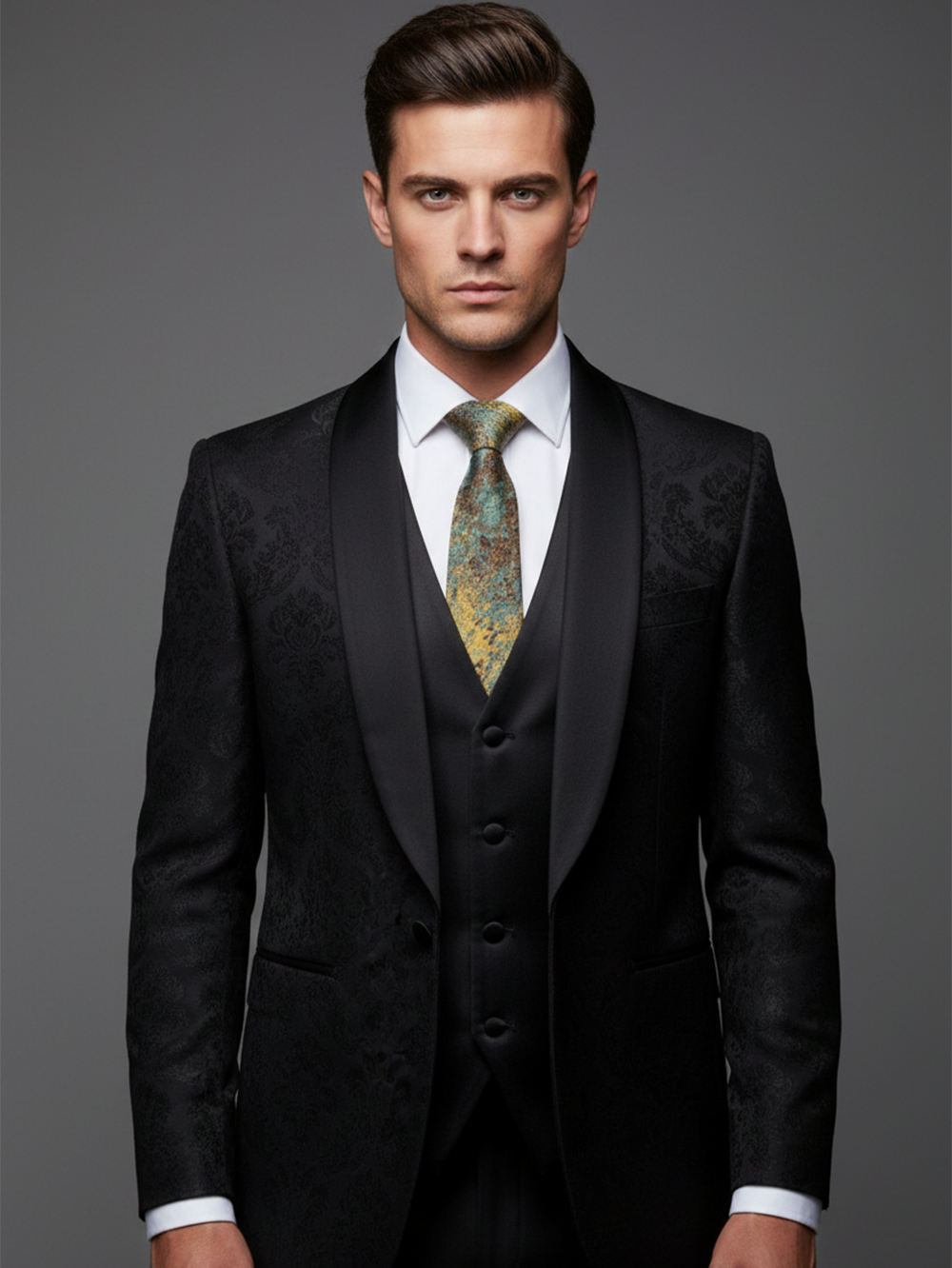 Blue Art Silk Tie with Golden & Red Patch Work - Image 3