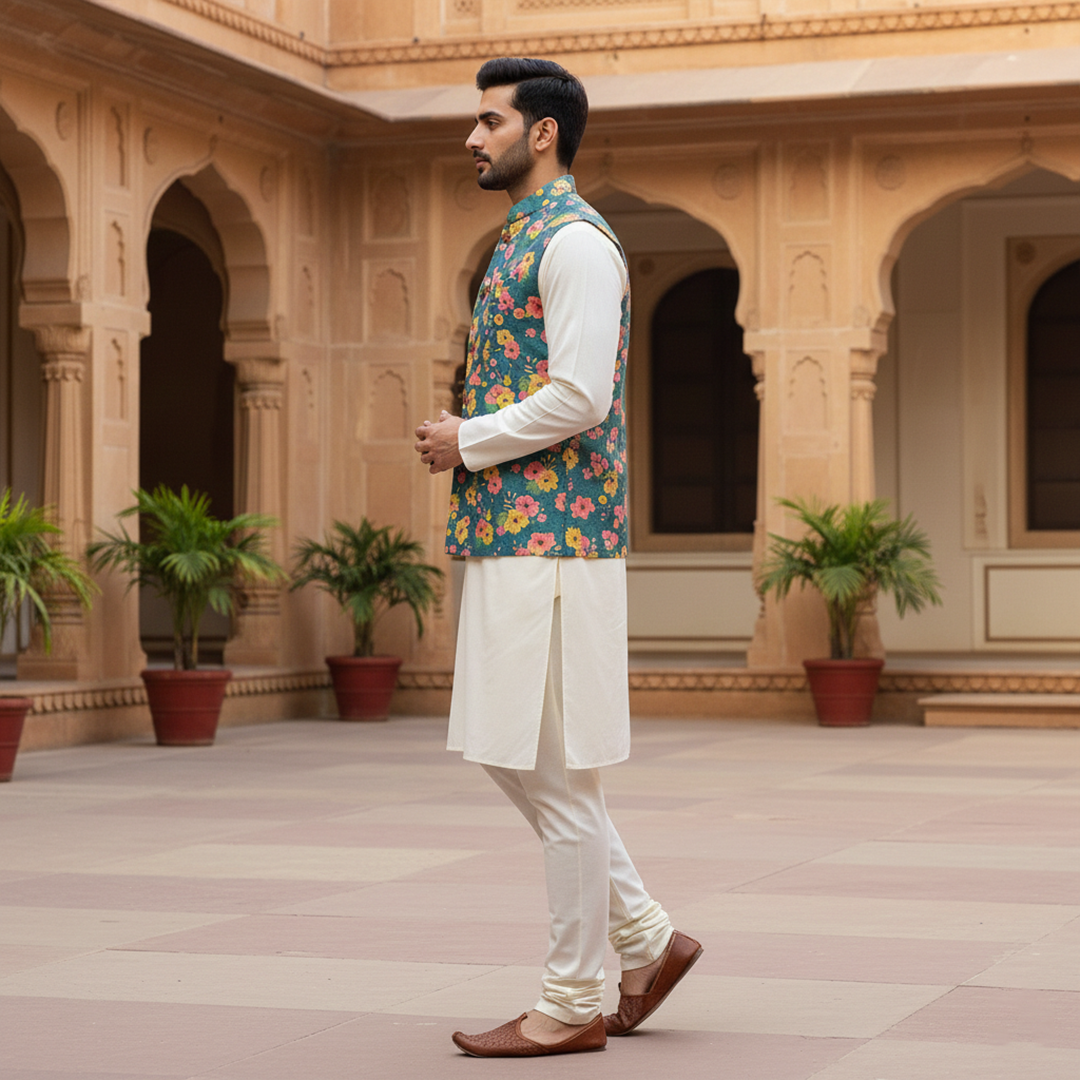 Men?s Teal Floral Printed Nehru Jacket with Ivory Kurta Pajama ? Festive & Wedding Wear - Image 2