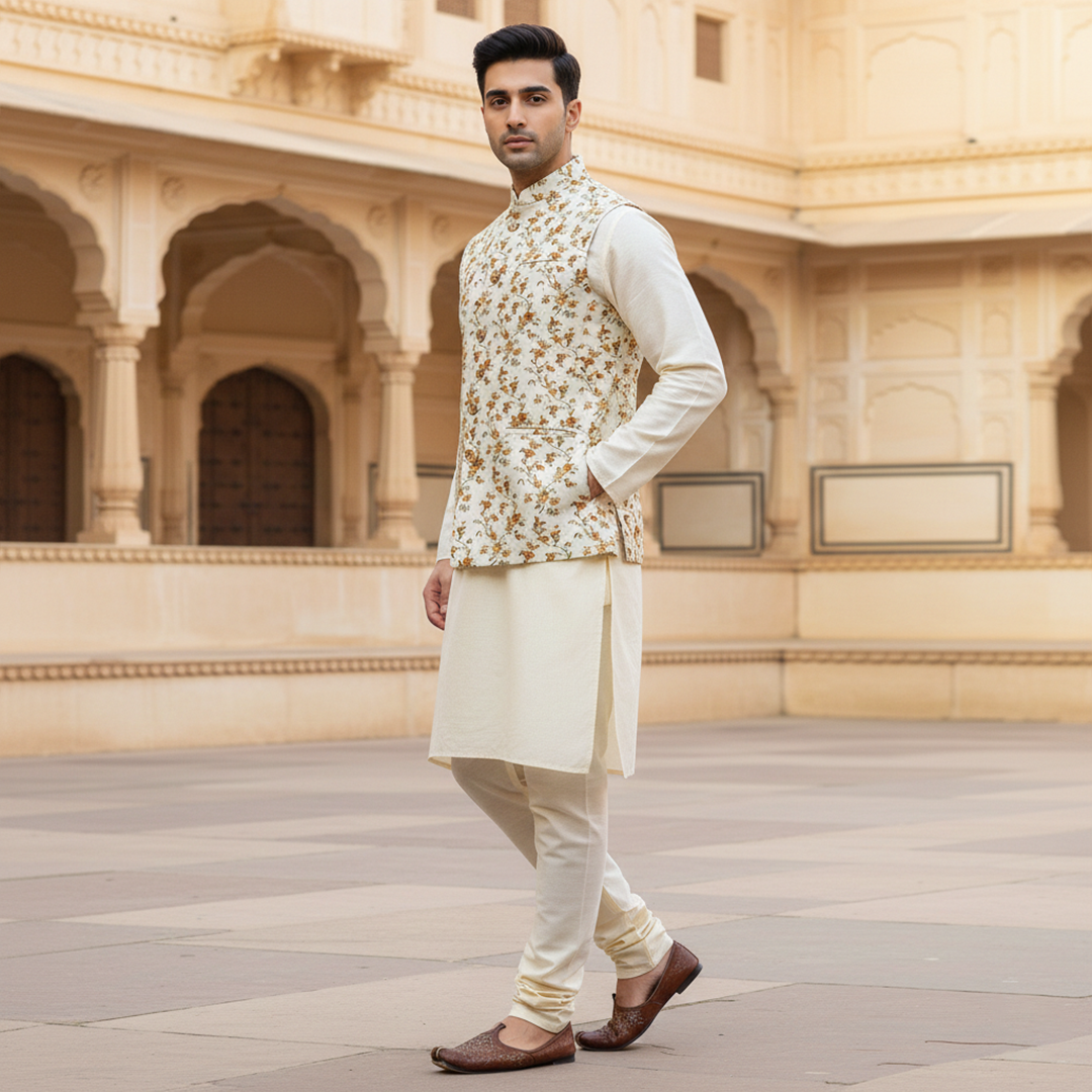 Men?s Ivory Floral Nehru Jacket with Kurta Pajama ? Elegant Festive Wear - Image 2