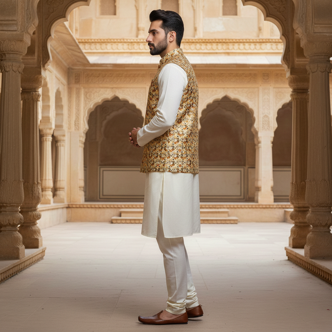 Men?s Floral Print Nehru Jacket with Ivory Kurta Pajama ? Elegant Festive Ensemble - Image 2
