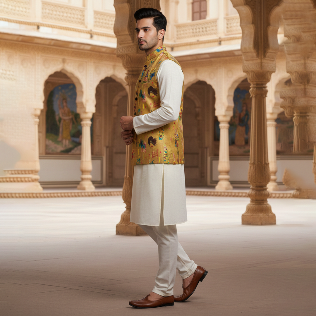Men?s Mustard Printed Nehru Jacket with Ivory Kurta Pajama ? Contemporary Festive Wear - Image 2