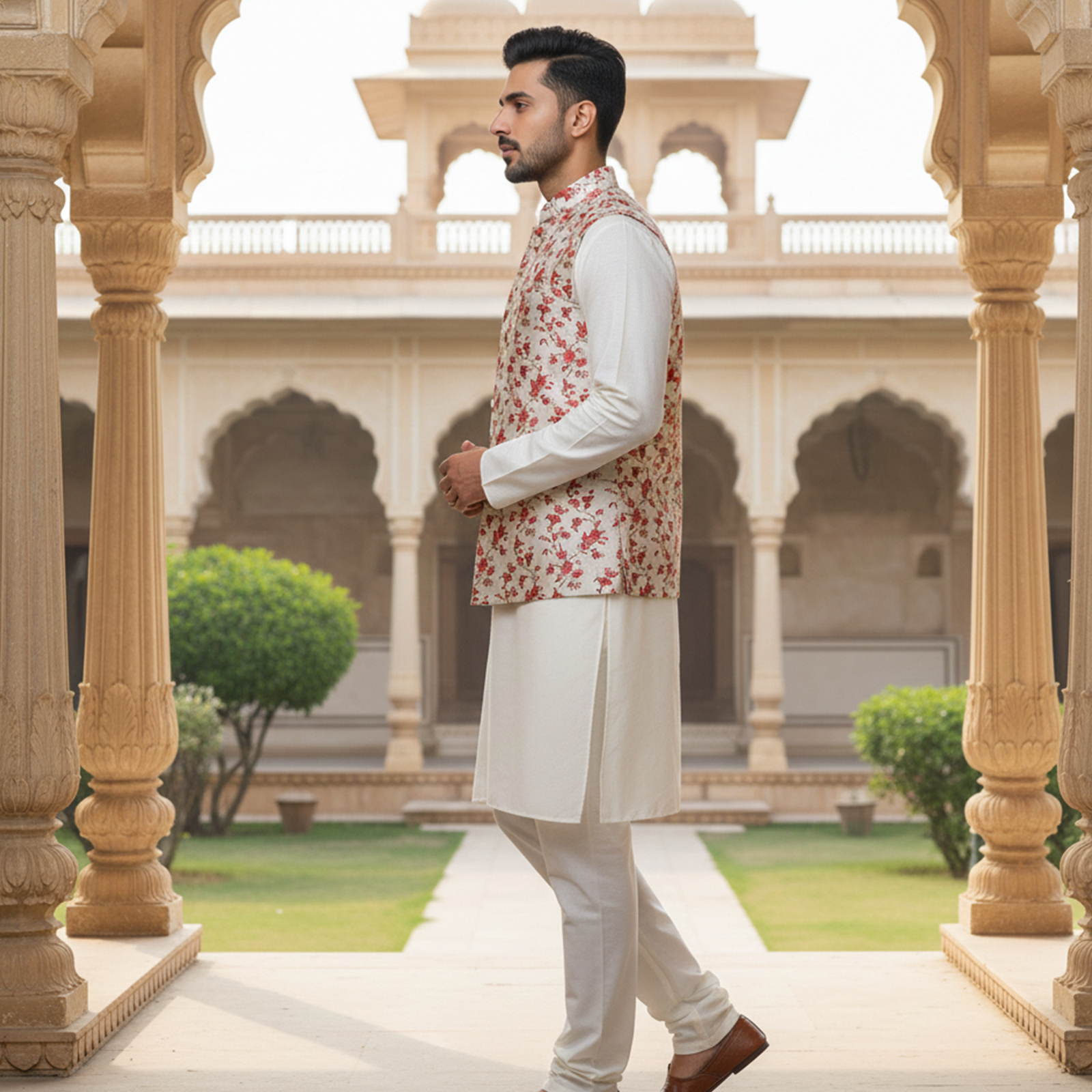 Men?s Ivory Floral Print Nehru Jacket with Kurta Pajama ? Elegant Festive Wear - Image 4