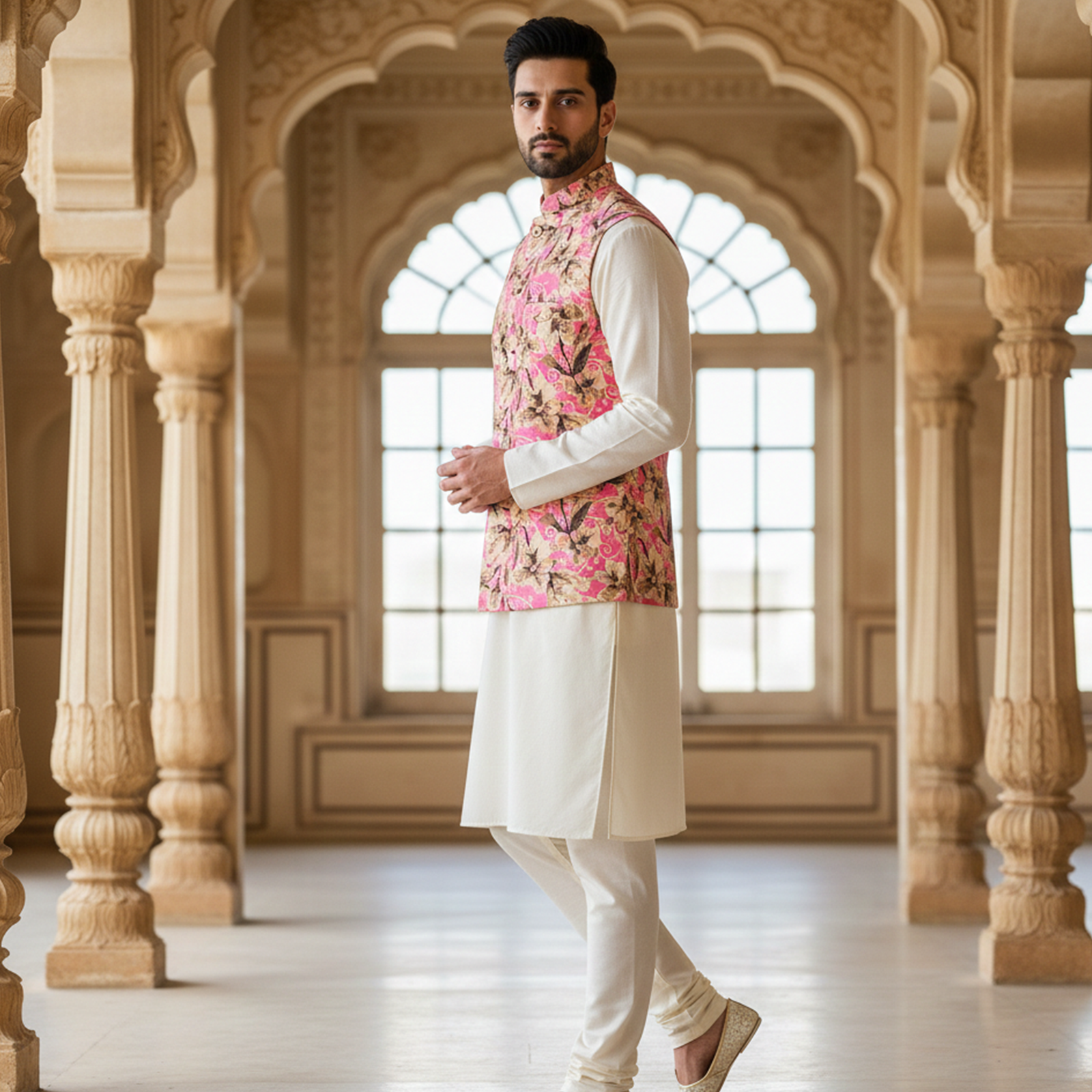 Men?s Pink Floral Print Nehru Jacket with Ivory Kurta Pajama ? Festive Ethnic Ensemble - Image 2