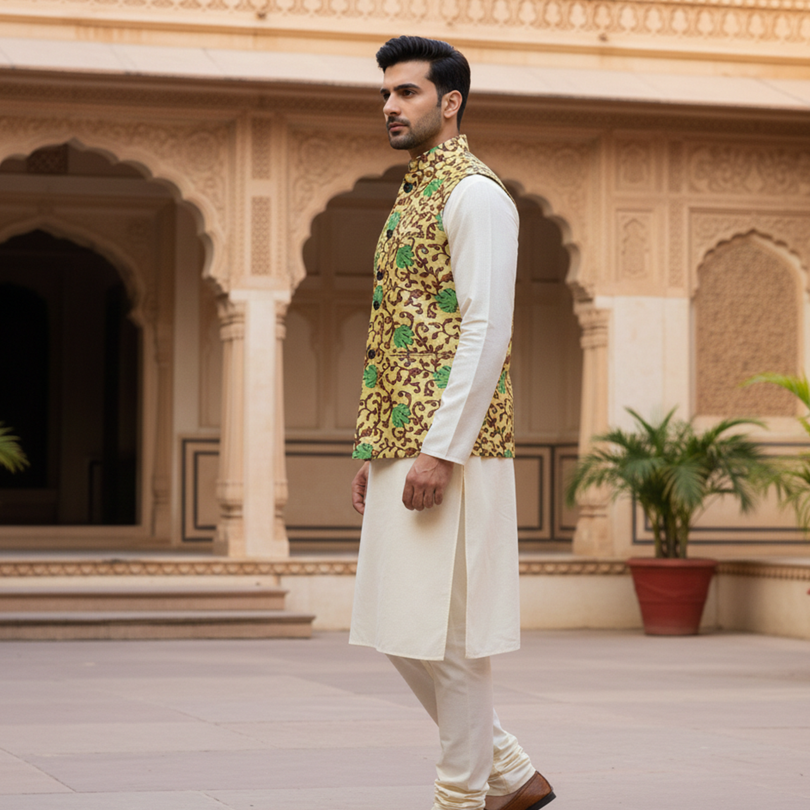 Men?s Mustard & Green Floral Nehru Jacket with Ivory Kurta Pajama ? Festive Ethnic Ensemble - Image 2