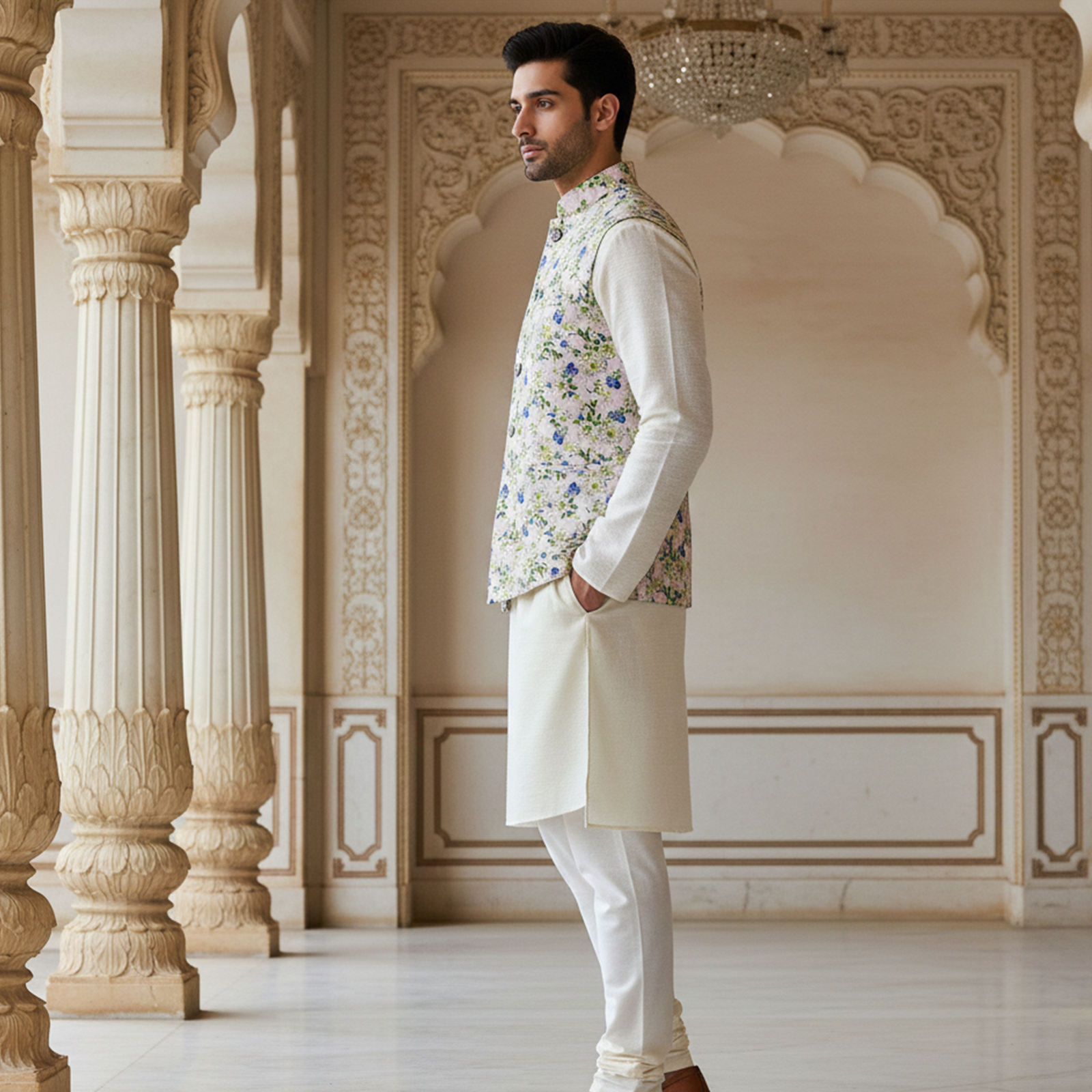 Men?s Pastel Floral Nehru Jacket with Ivory Kurta Pajama ? Elegant Festive Wear Set - Image 2