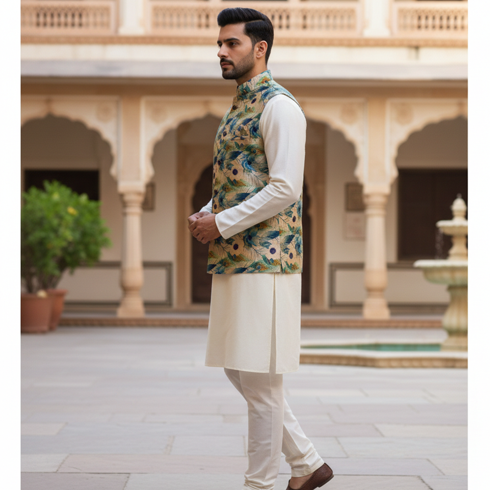 Men?s Teal Botanical Print Nehru Jacket with Ivory Kurta Pajama ? Contemporary Festive Ensemble - Image 2