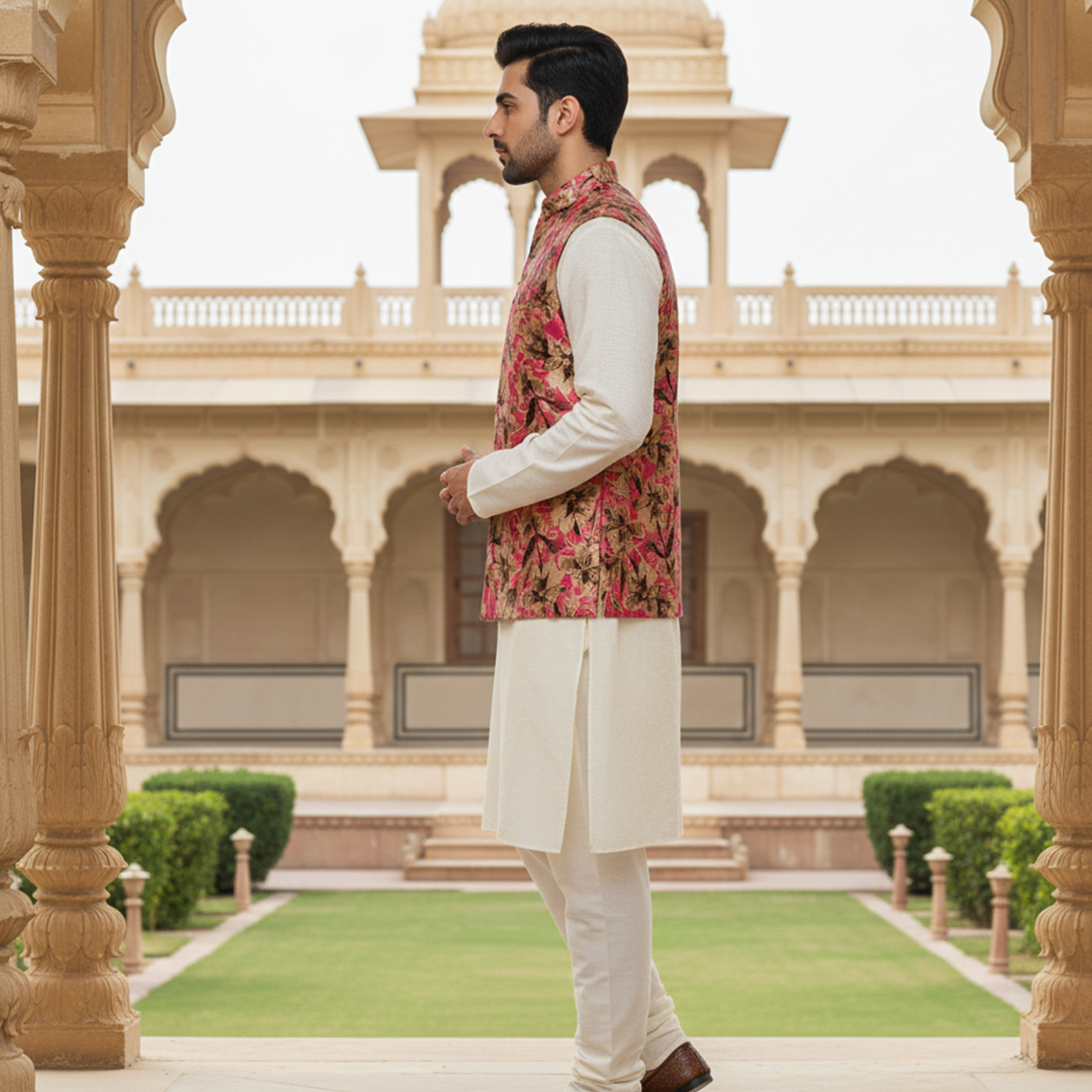 Men?s Pink Floral Nehru Jacket with Ivory Kurta Pajama ? Luxury Festive Ensemble - Image 2