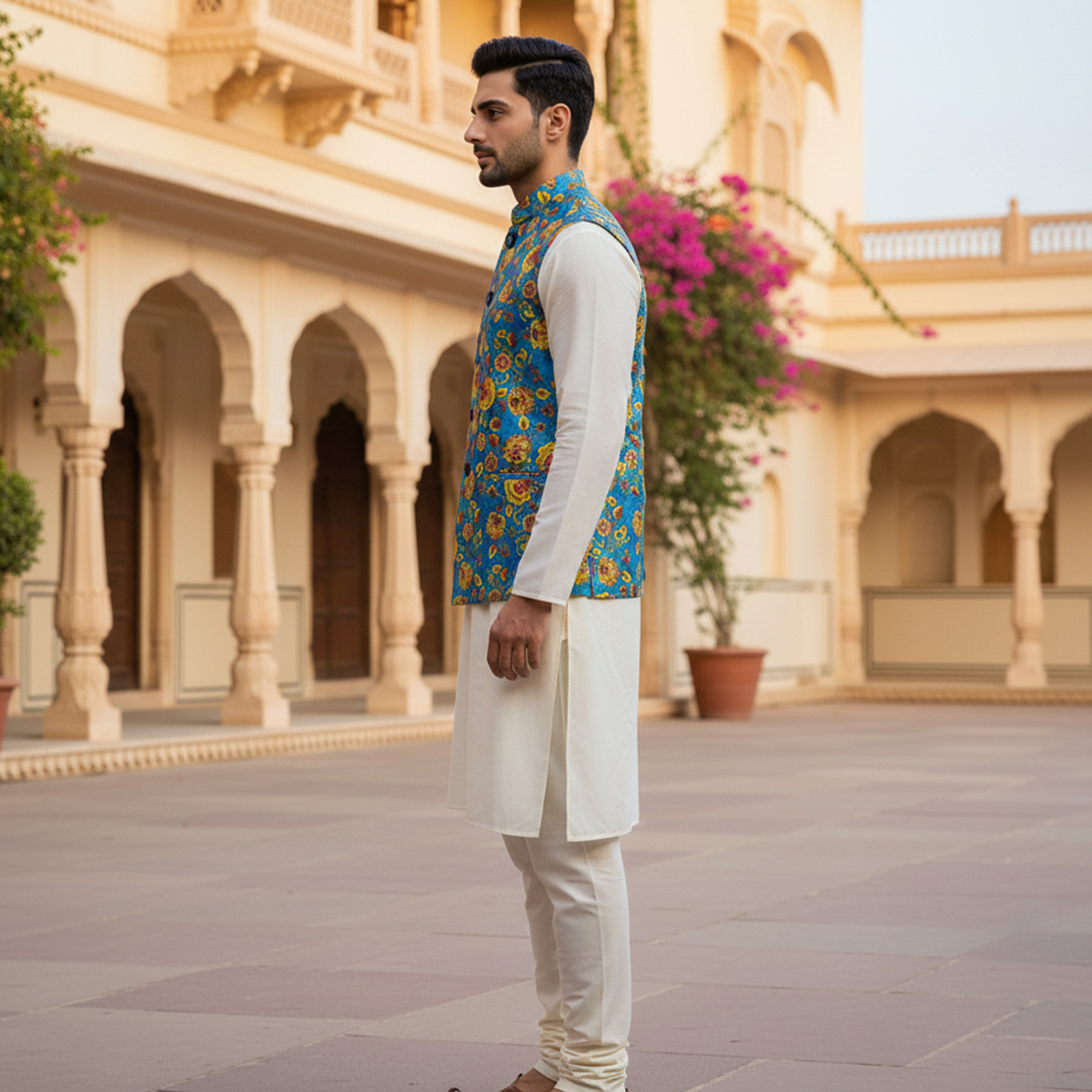 Men?s Royal Blue Floral Nehru Jacket with Ivory Kurta Pajama ? Festive Ethnic Wear - Image 2