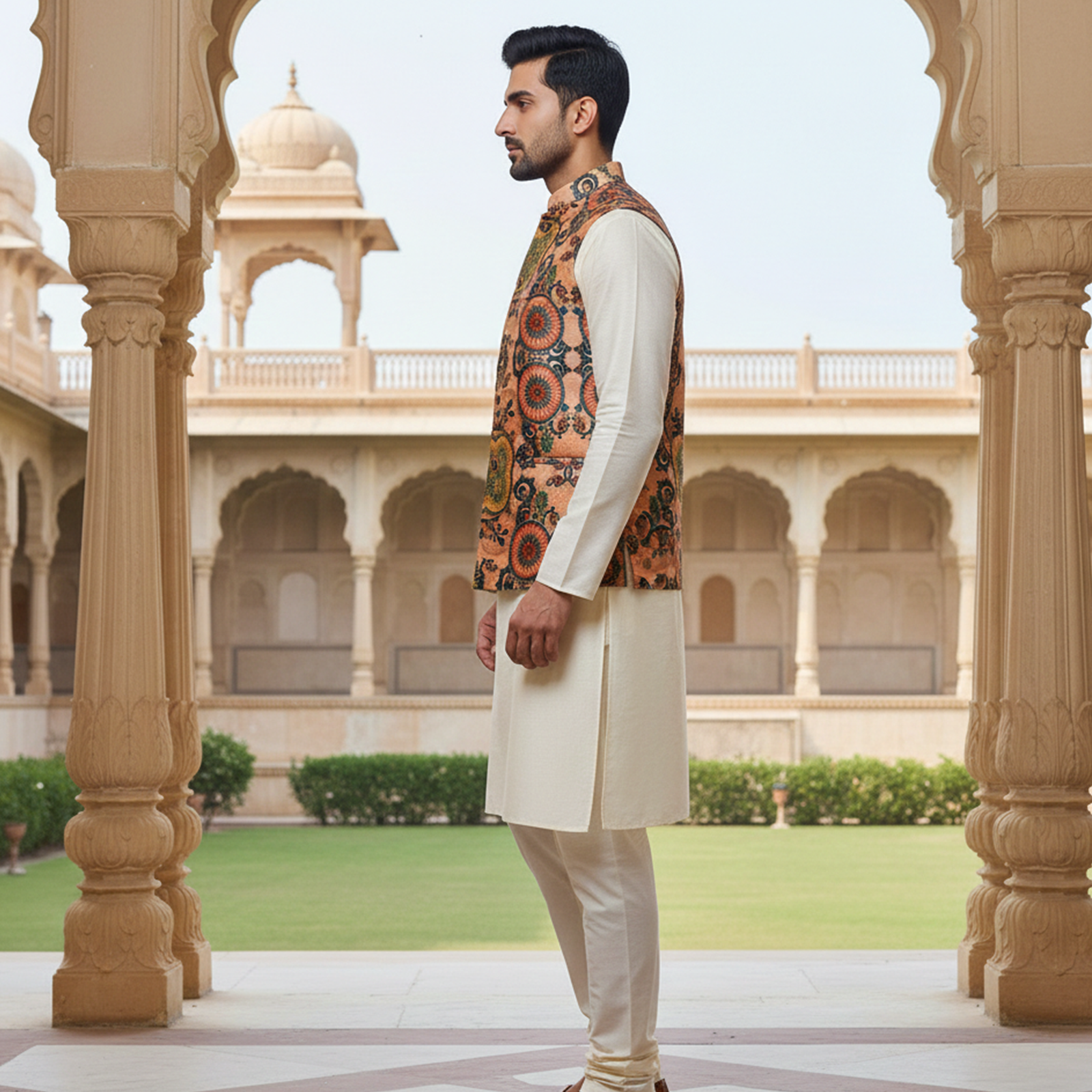 Men?s Rust Orange Printed Nehru Jacket with Ivory Kurta Pajama ? Festive Ethnic Ensemble - Image 2