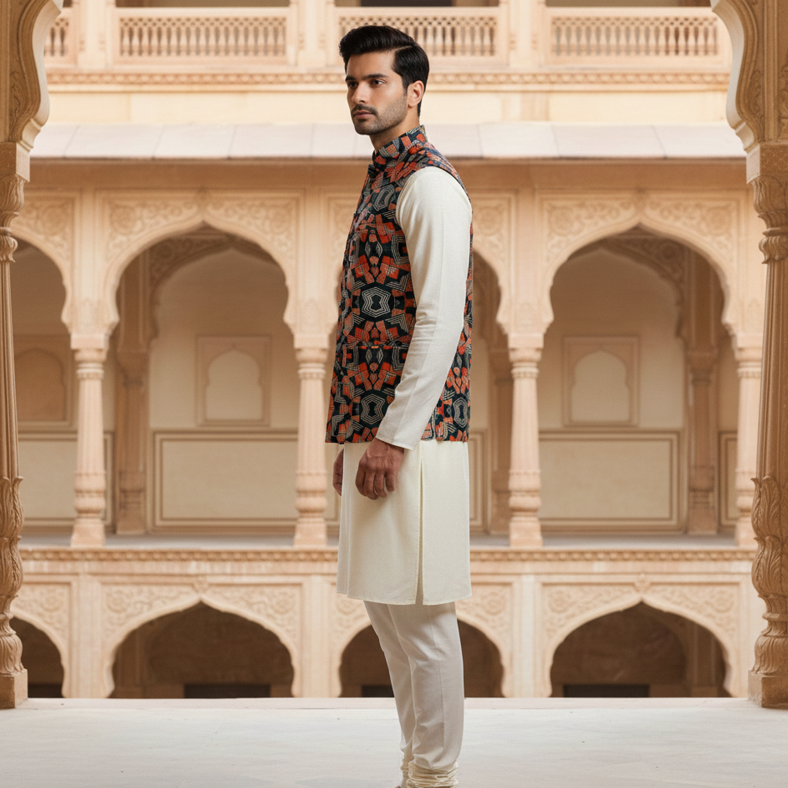 Men?s Navy Blue Geometric Printed Nehru Jacket with Ivory Kurta Pajama ? Contemporary Ethnic Wear - Image 2
