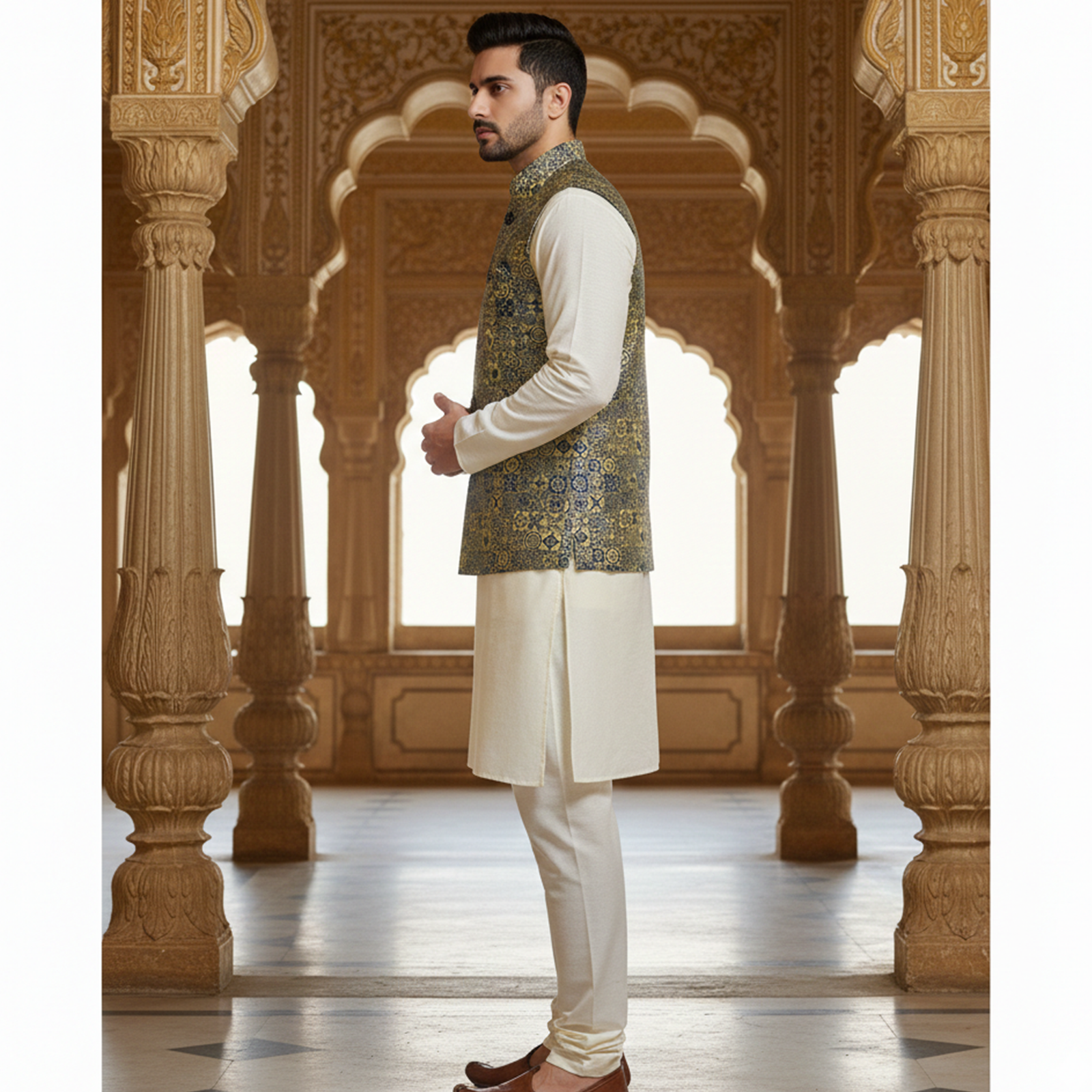 Men?s Olive Green & Gold Jacquard Nehru Jacket with Ivory Kurta Pajama ? Regal Festive Wear - Image 2