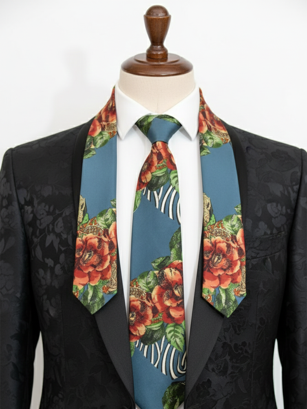 Designer Floral Printed Silk Tie for Men ? Blue Statement Necktie - Image 3