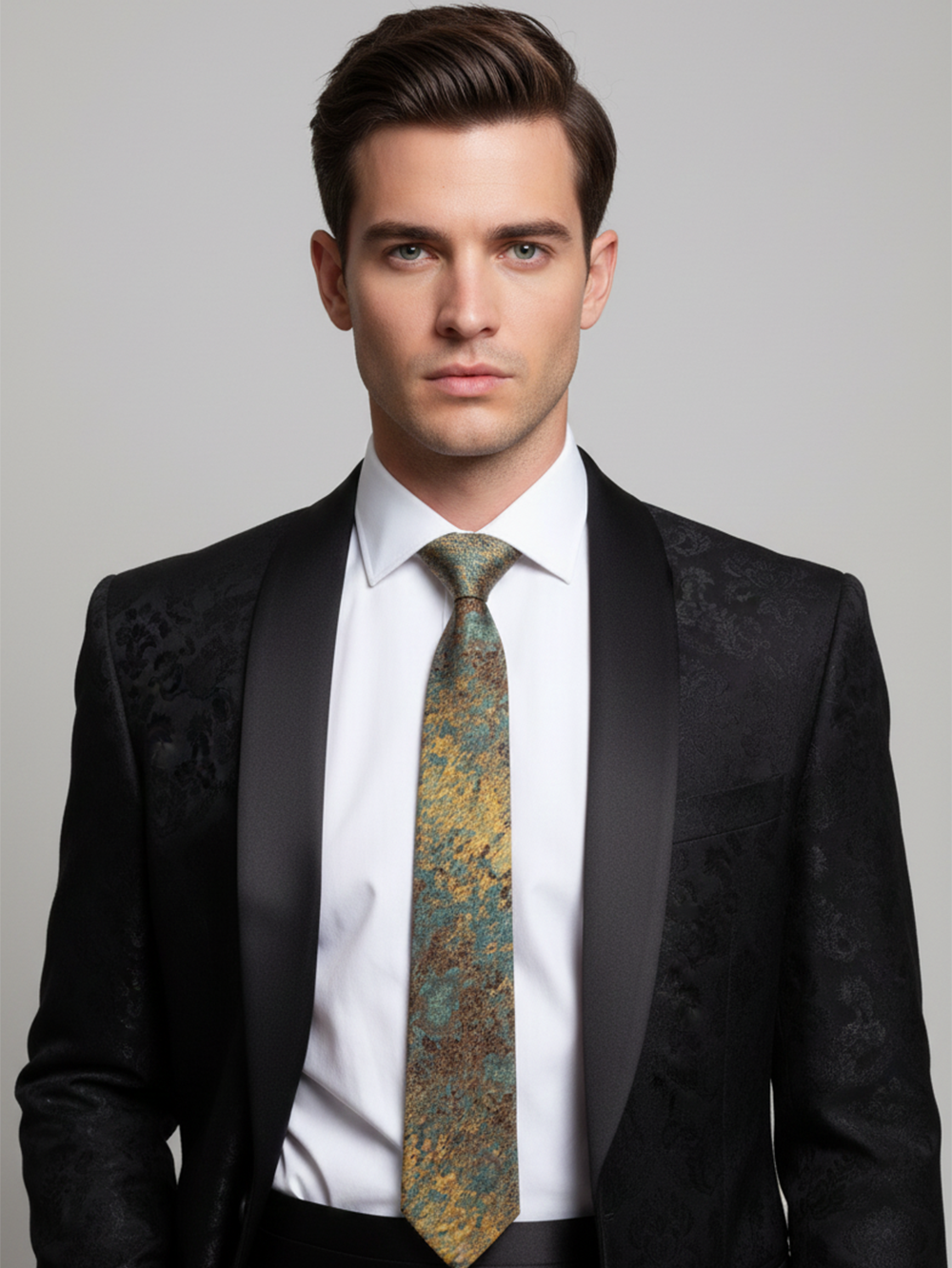 Blue Art Silk Tie with Golden & Red Patch Work - Image 2