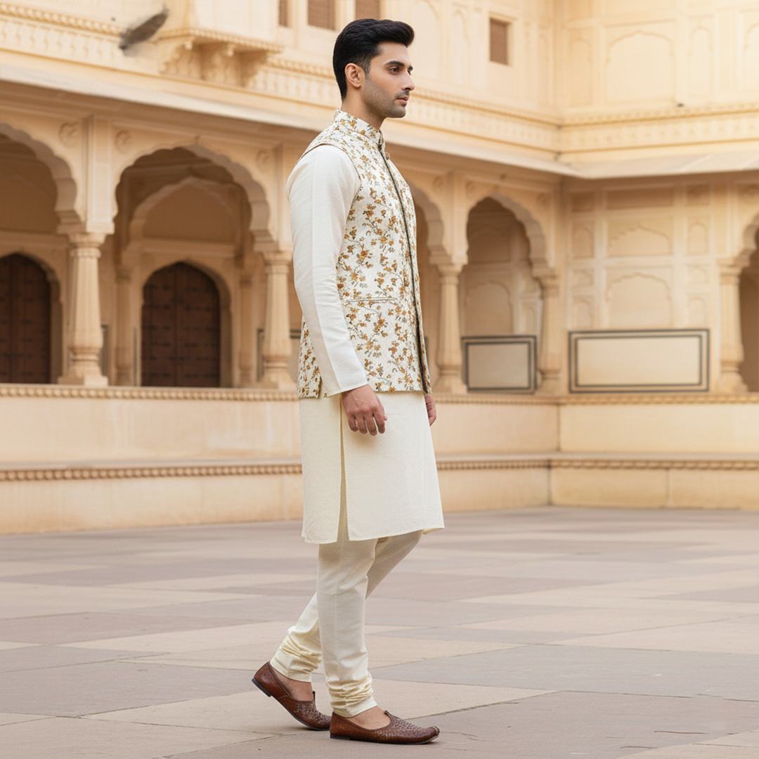 Men?s Ivory Floral Nehru Jacket with Kurta Pajama ? Elegant Festive Wear - Image 3