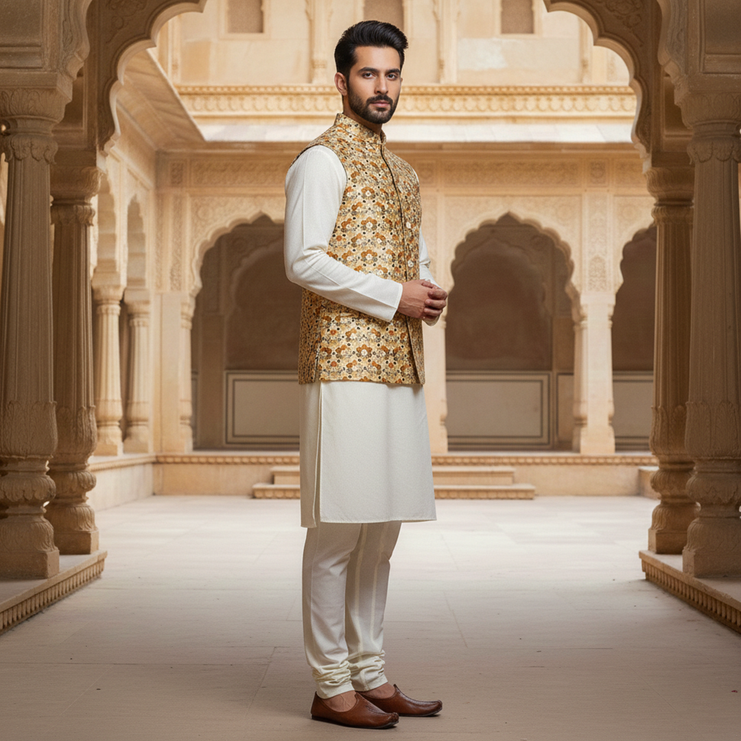 Men?s Floral Print Nehru Jacket with Ivory Kurta Pajama ? Elegant Festive Ensemble - Image 3