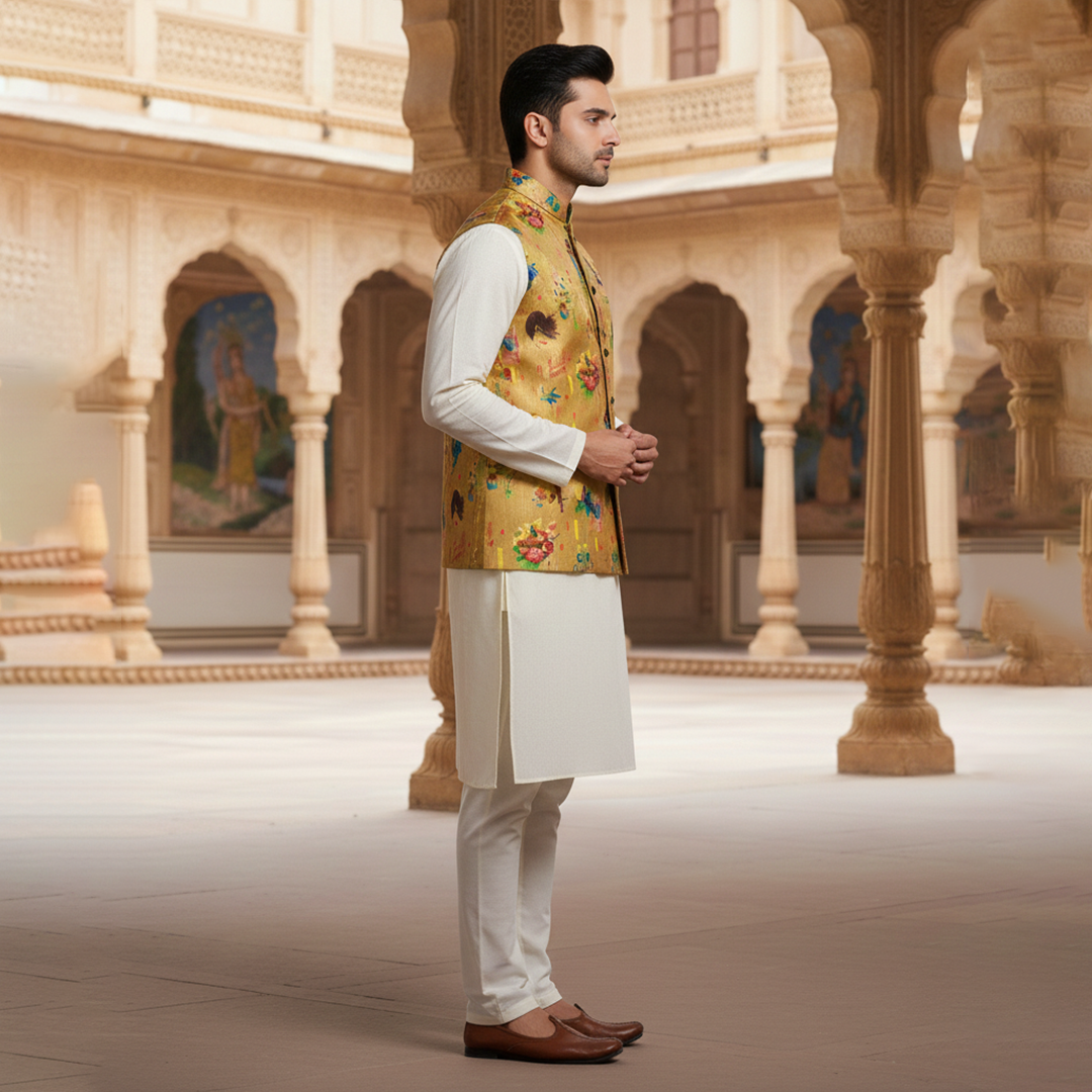 Men?s Mustard Printed Nehru Jacket with Ivory Kurta Pajama ? Contemporary Festive Wear - Image 3