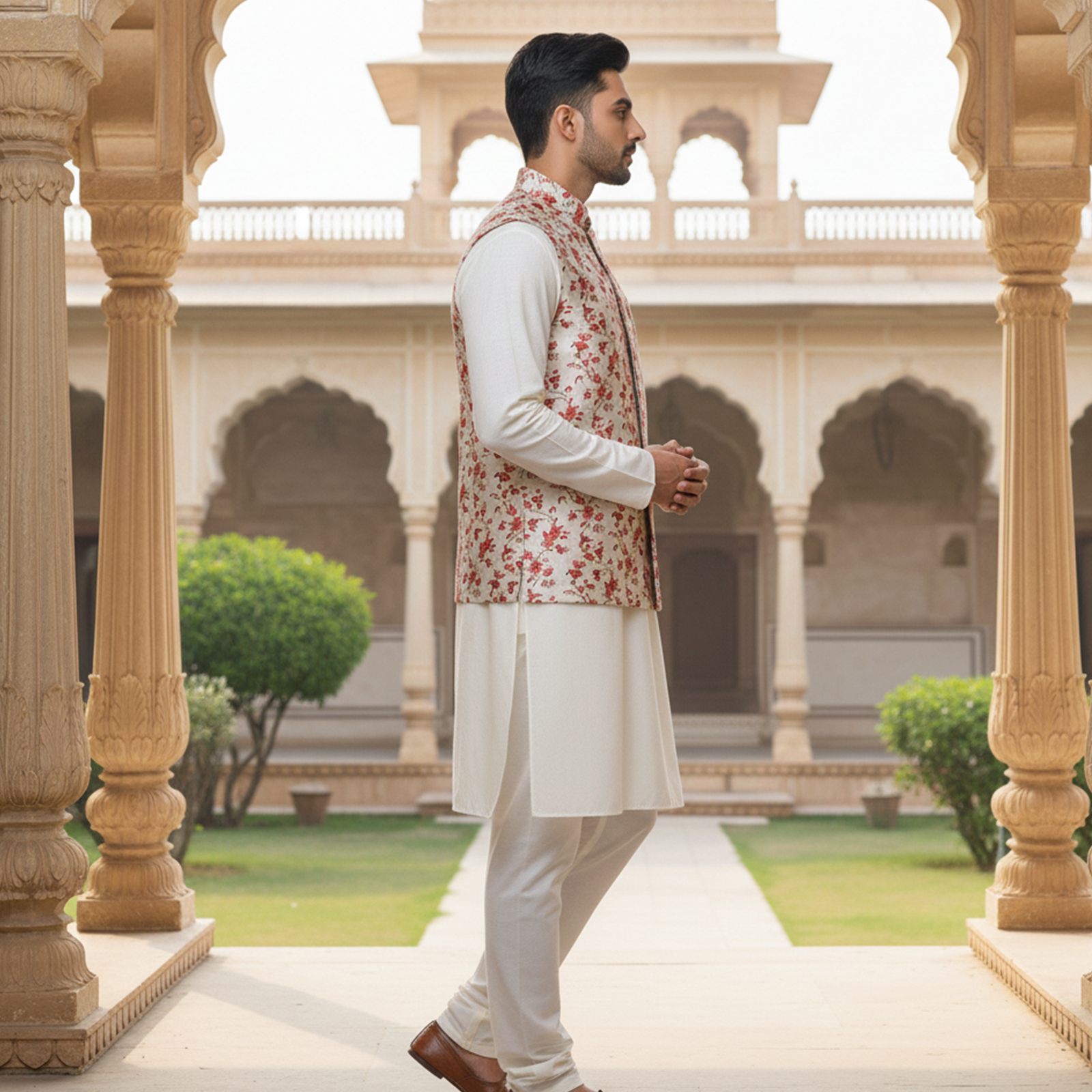 Men?s Ivory Floral Print Nehru Jacket with Kurta Pajama ? Elegant Festive Wear - Image 2