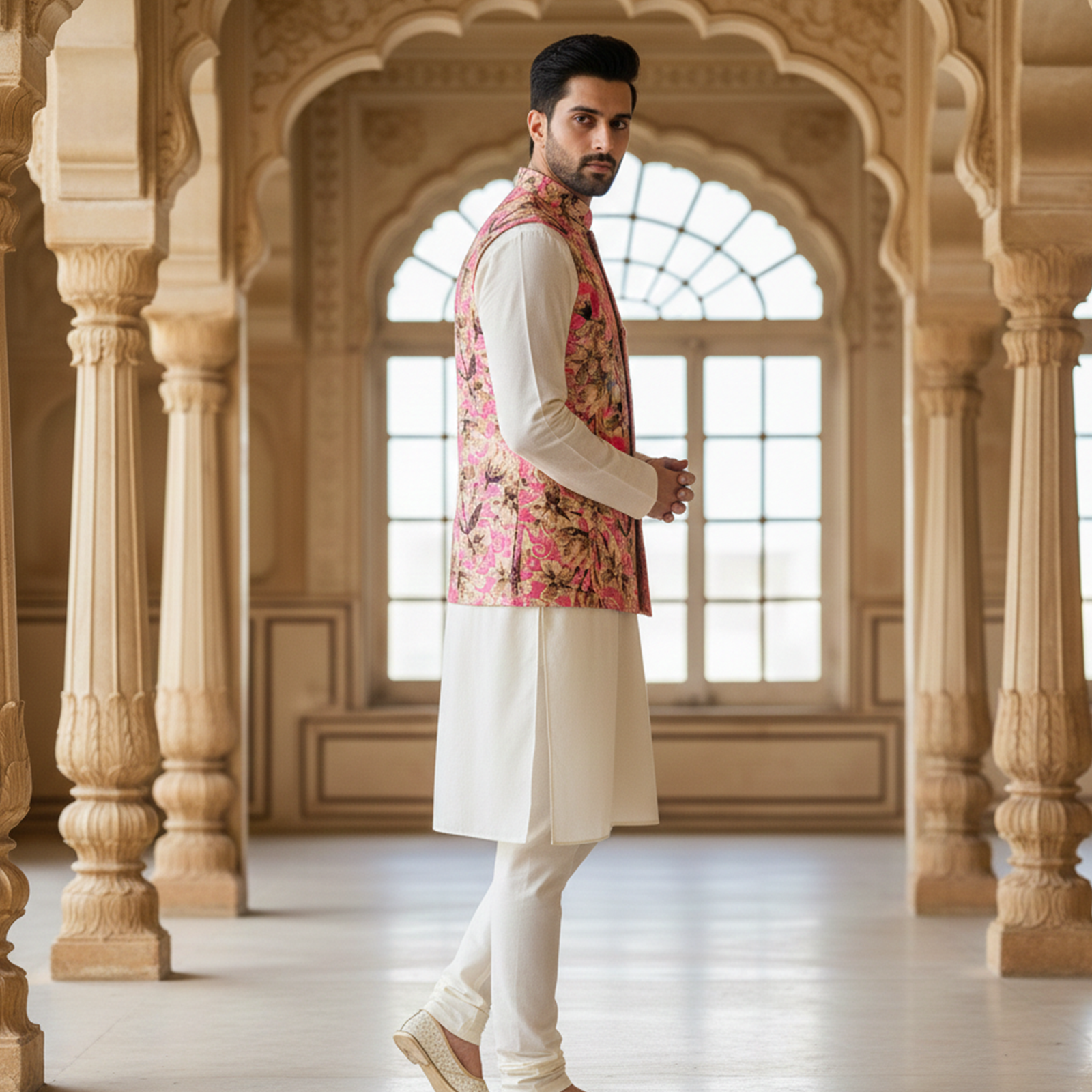 Men?s Pink Floral Print Nehru Jacket with Ivory Kurta Pajama ? Festive Ethnic Ensemble - Image 3