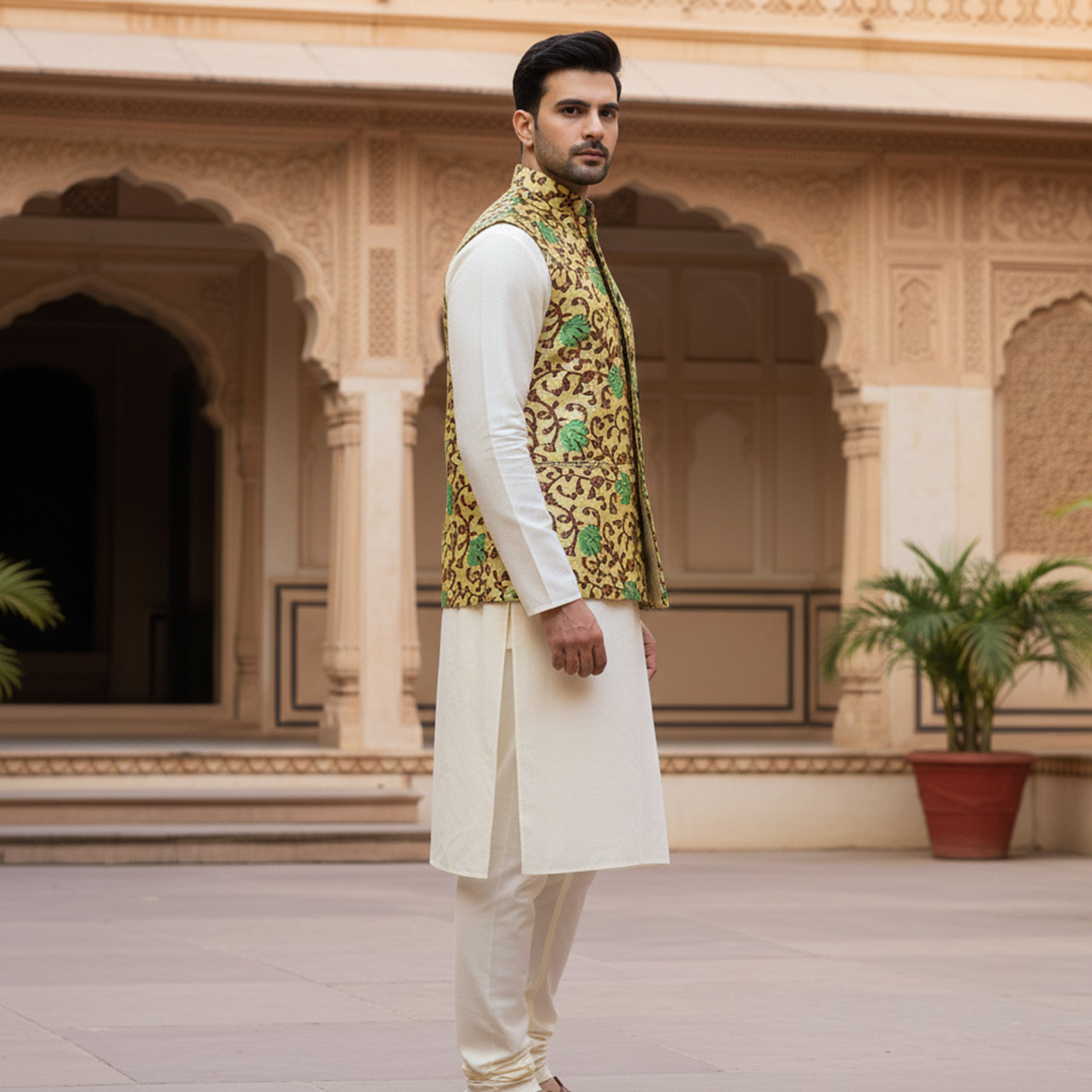 Men?s Mustard & Green Floral Nehru Jacket with Ivory Kurta Pajama ? Festive Ethnic Ensemble - Image 3