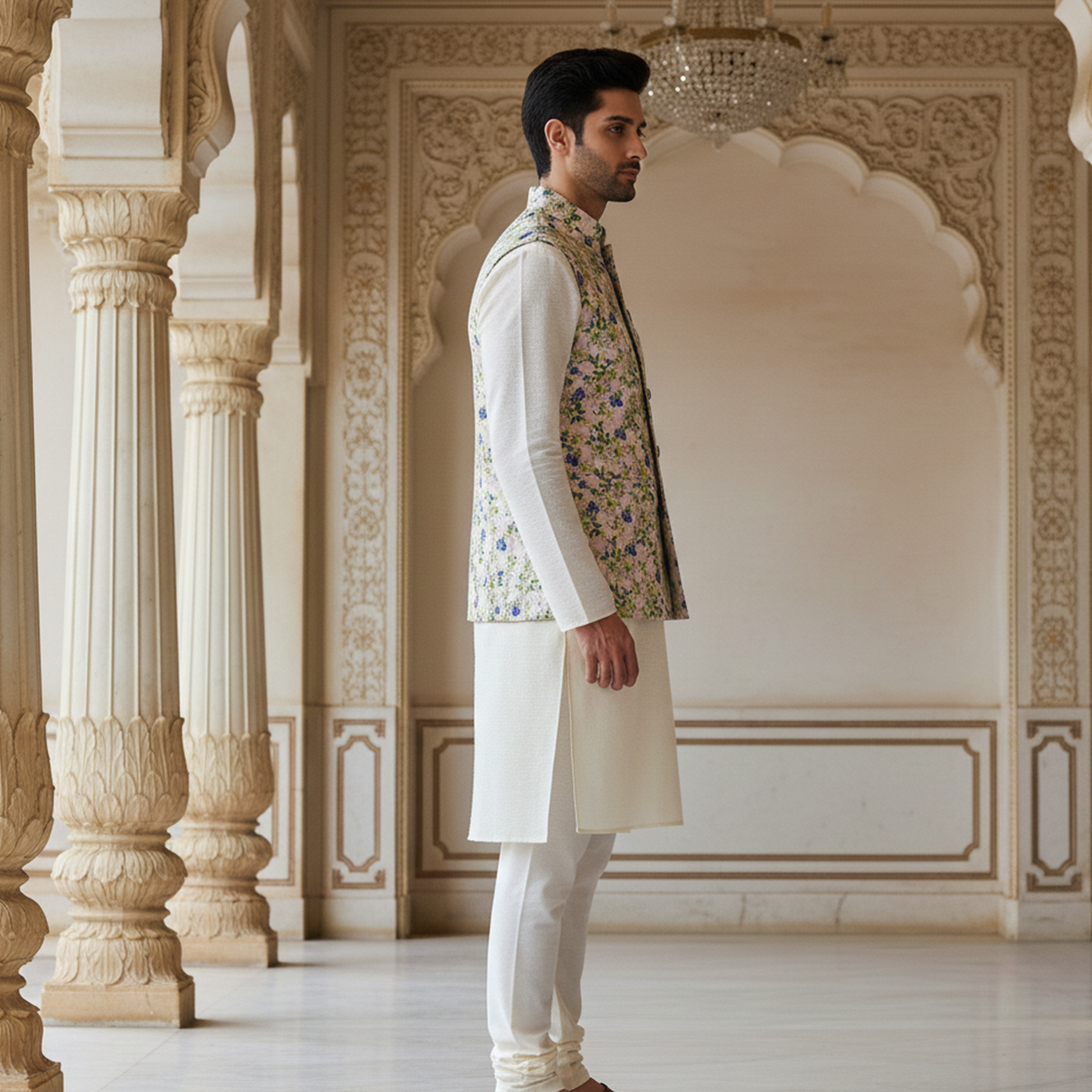 Men?s Pastel Floral Nehru Jacket with Ivory Kurta Pajama ? Elegant Festive Wear Set - Image 3