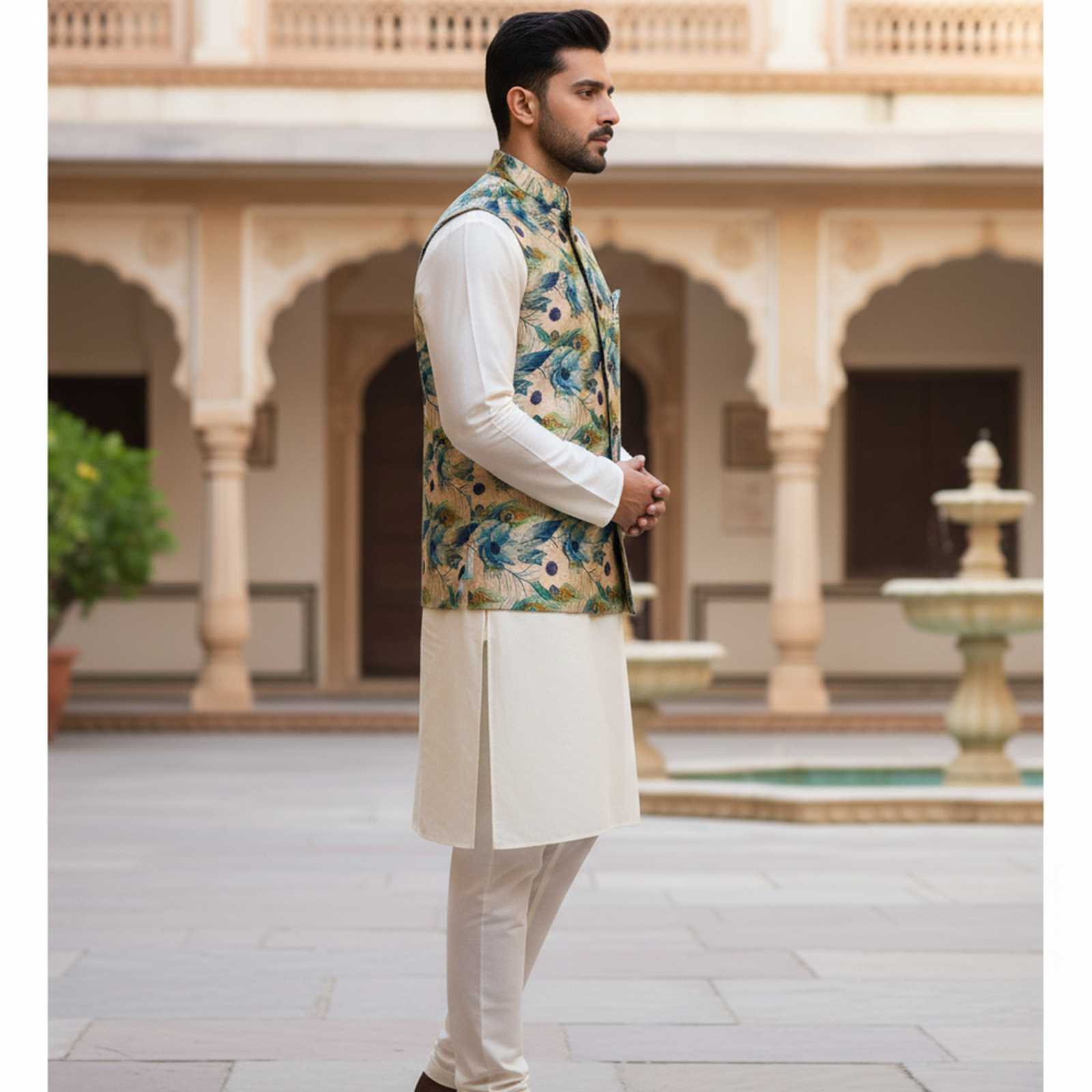 Men?s Teal Botanical Print Nehru Jacket with Ivory Kurta Pajama ? Contemporary Festive Ensemble - Image 3