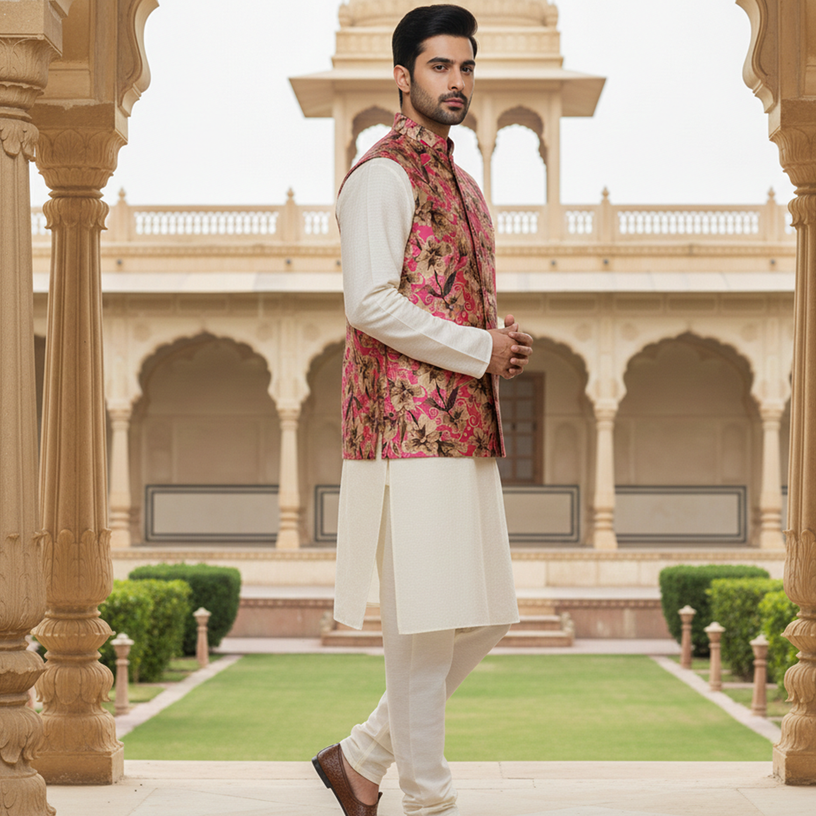 Men?s Pink Floral Nehru Jacket with Ivory Kurta Pajama ? Luxury Festive Ensemble - Image 3