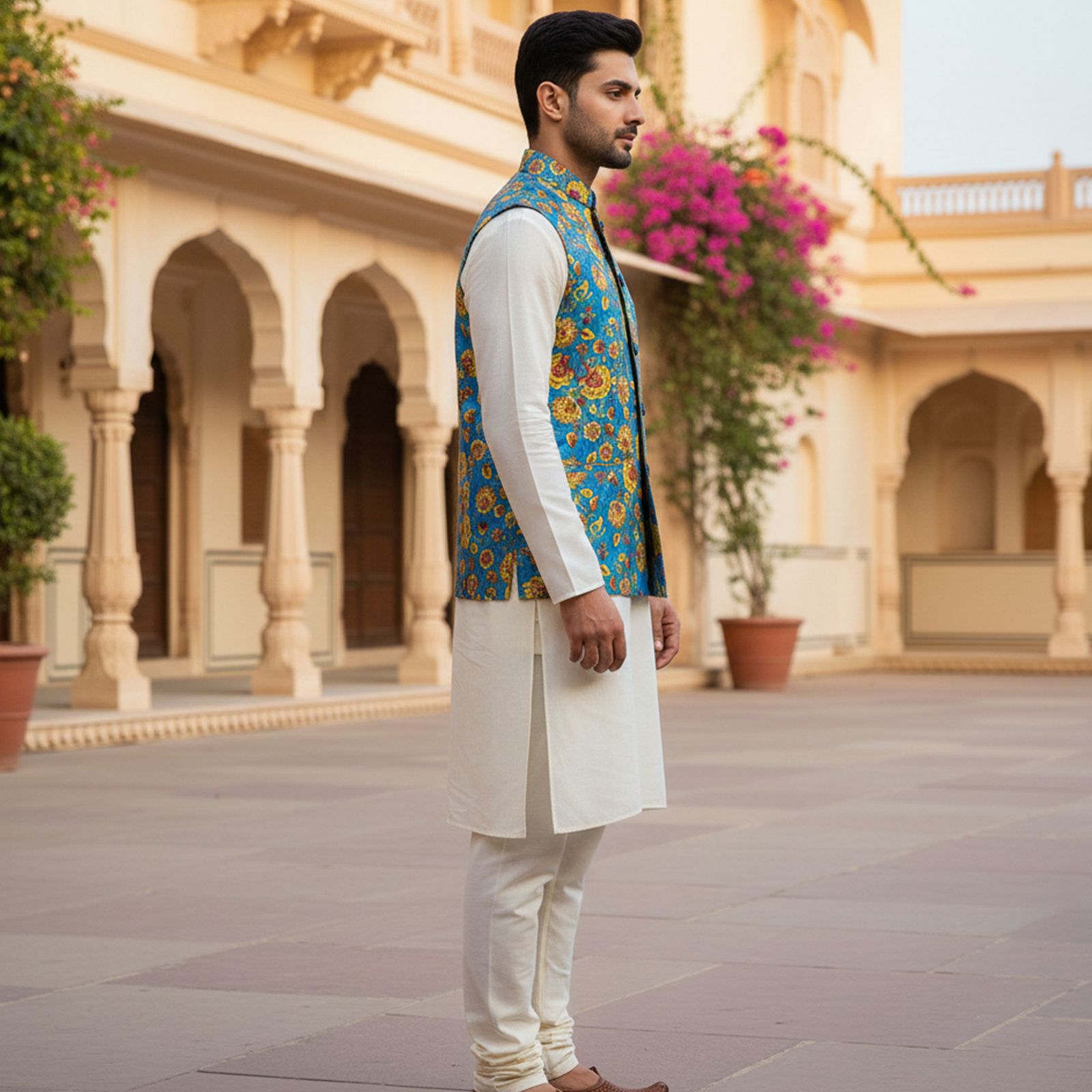 Men?s Royal Blue Floral Nehru Jacket with Ivory Kurta Pajama ? Festive Ethnic Wear - Image 3