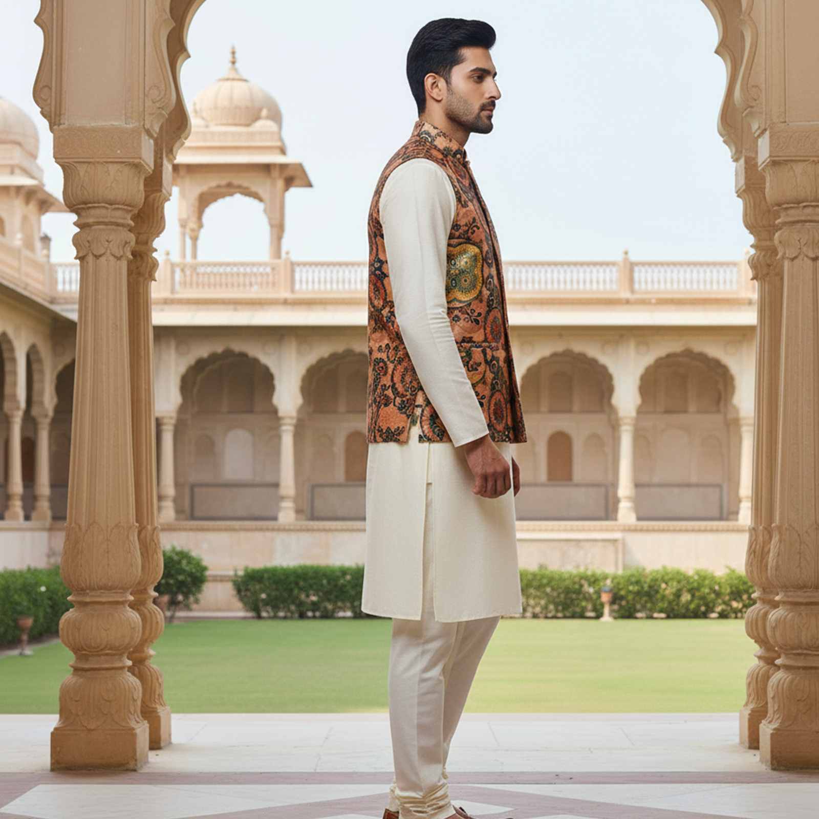 Men?s Rust Orange Printed Nehru Jacket with Ivory Kurta Pajama ? Festive Ethnic Ensemble - Image 3