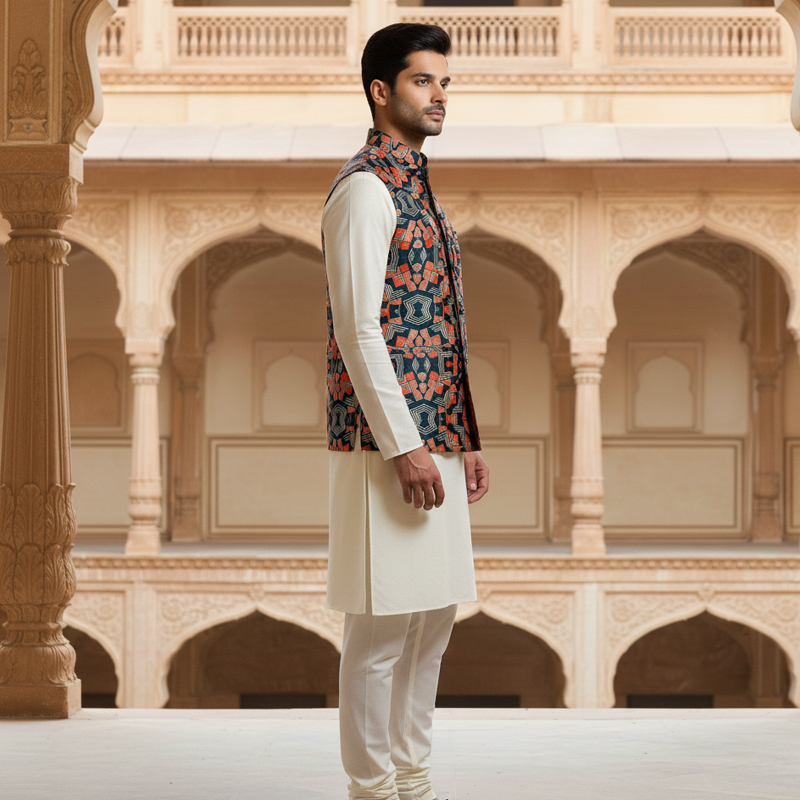 Men?s Navy Blue Geometric Printed Nehru Jacket with Ivory Kurta Pajama ? Contemporary Ethnic Wear - Image 3
