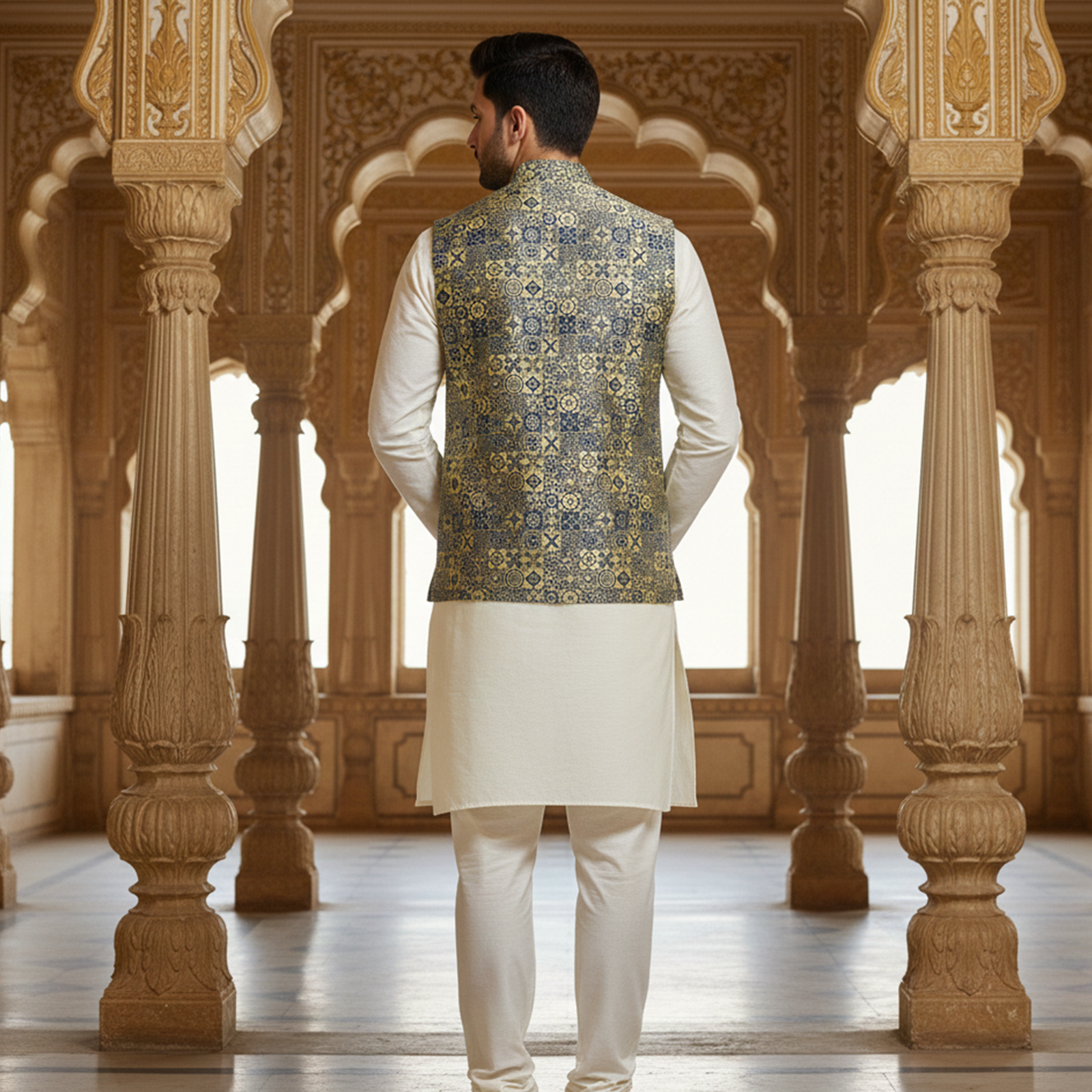 Men?s Olive Green & Gold Jacquard Nehru Jacket with Ivory Kurta Pajama ? Regal Festive Wear - Image 3