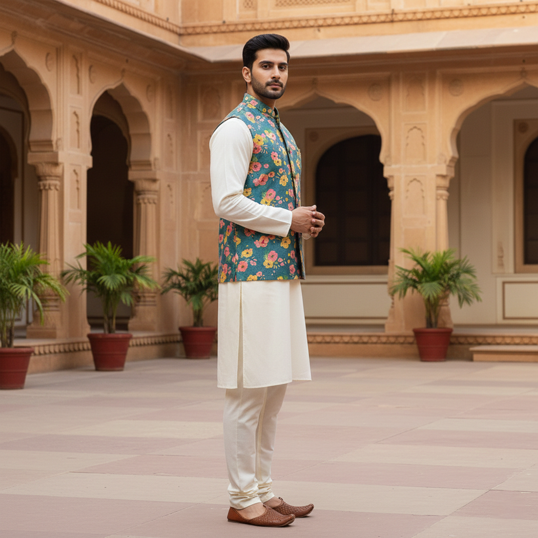 Men?s Teal Floral Printed Nehru Jacket with Ivory Kurta Pajama ? Festive & Wedding Wear - Image 3