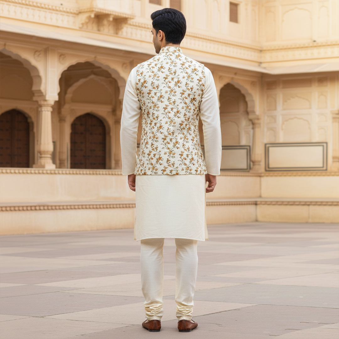 Men?s Ivory Floral Nehru Jacket with Kurta Pajama ? Elegant Festive Wear - Image 4