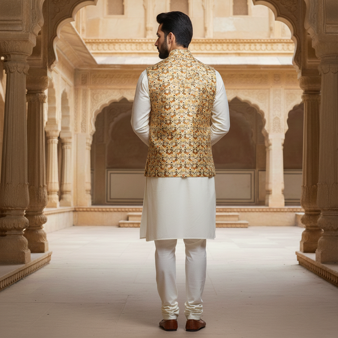 Men?s Floral Print Nehru Jacket with Ivory Kurta Pajama ? Elegant Festive Ensemble - Image 4