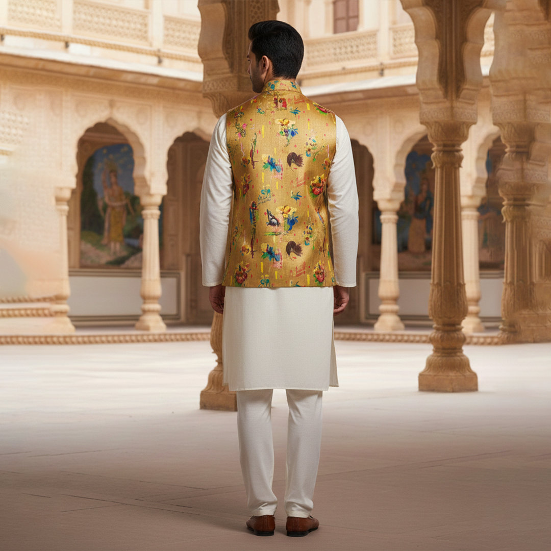 Men?s Mustard Printed Nehru Jacket with Ivory Kurta Pajama ? Contemporary Festive Wear - Image 4