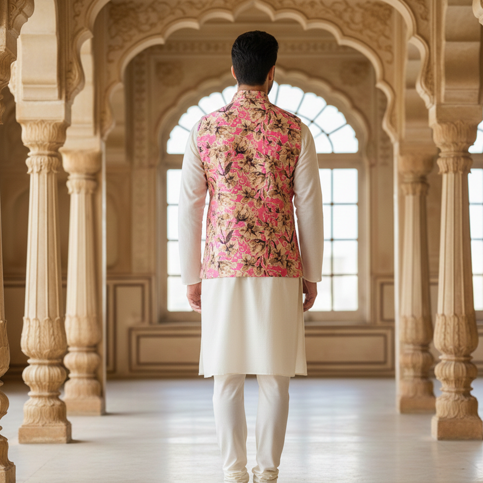 Men?s Pink Floral Print Nehru Jacket with Ivory Kurta Pajama ? Festive Ethnic Ensemble - Image 4