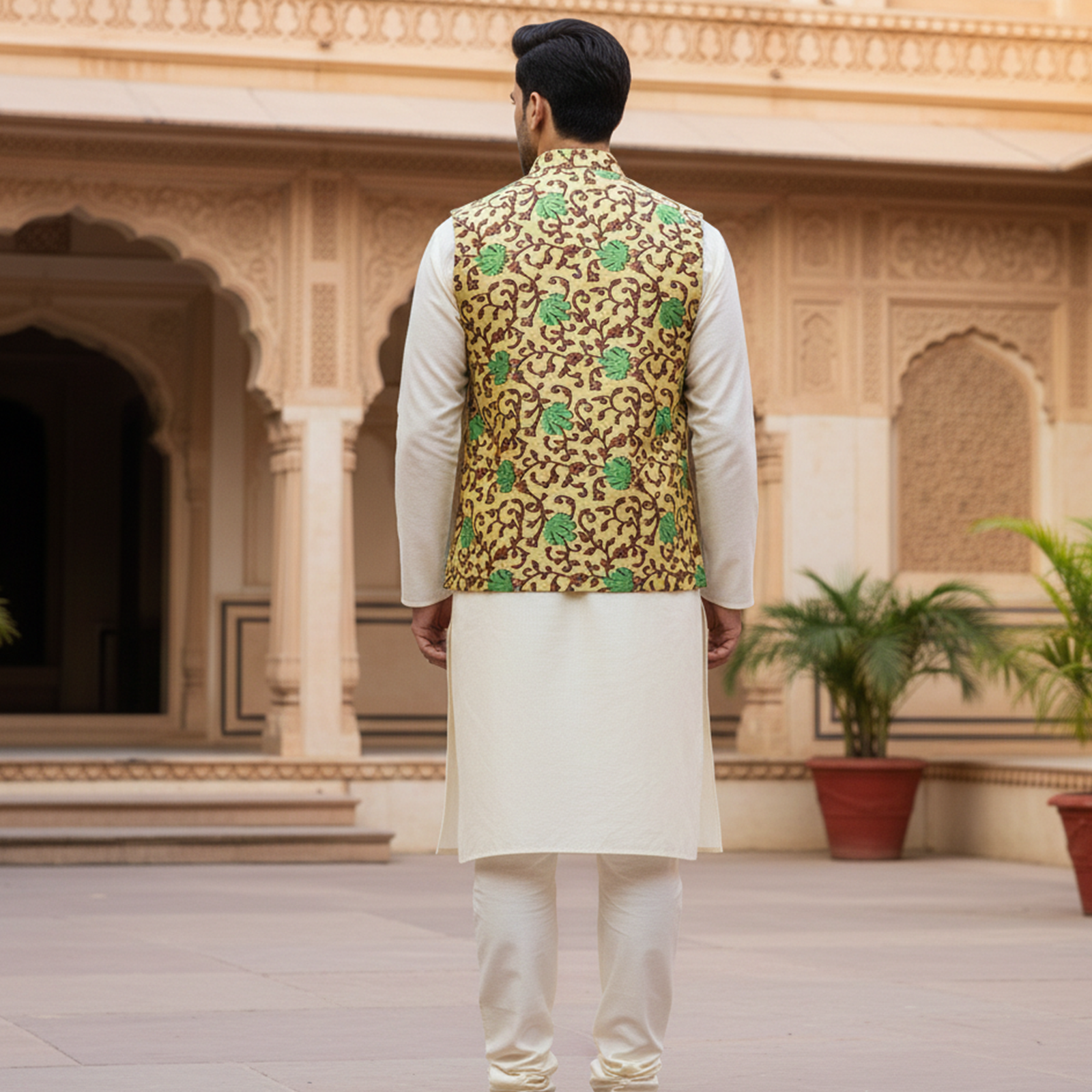 Men?s Mustard & Green Floral Nehru Jacket with Ivory Kurta Pajama ? Festive Ethnic Ensemble - Image 4
