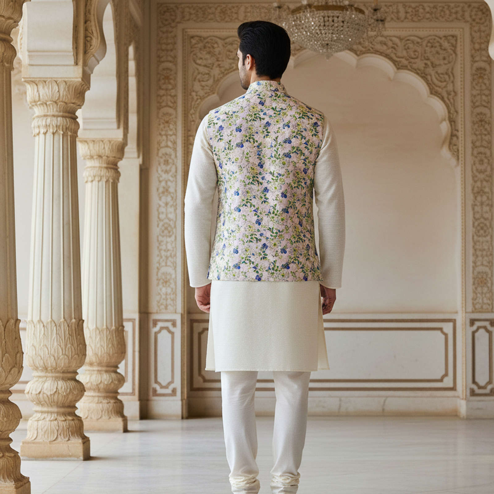 Men?s Pastel Floral Nehru Jacket with Ivory Kurta Pajama ? Elegant Festive Wear Set - Image 4