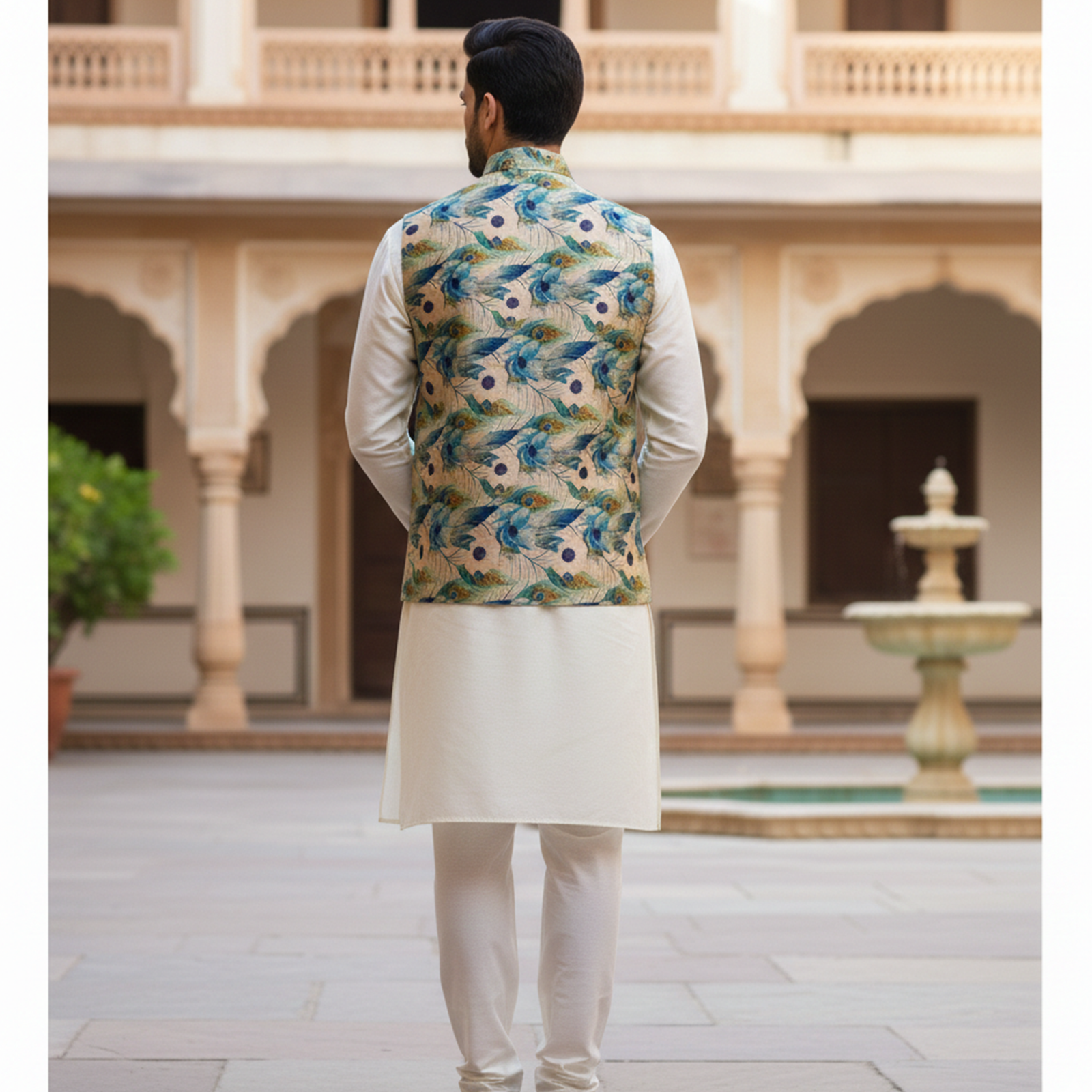 Men?s Teal Botanical Print Nehru Jacket with Ivory Kurta Pajama ? Contemporary Festive Ensemble - Image 4