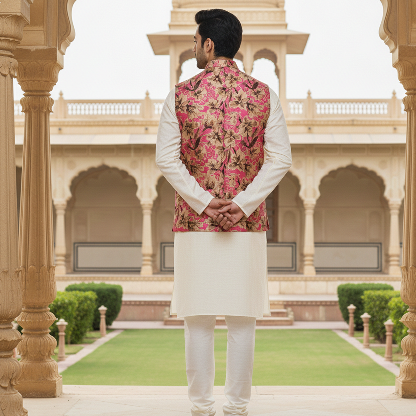Men?s Pink Floral Nehru Jacket with Ivory Kurta Pajama ? Luxury Festive Ensemble - Image 4