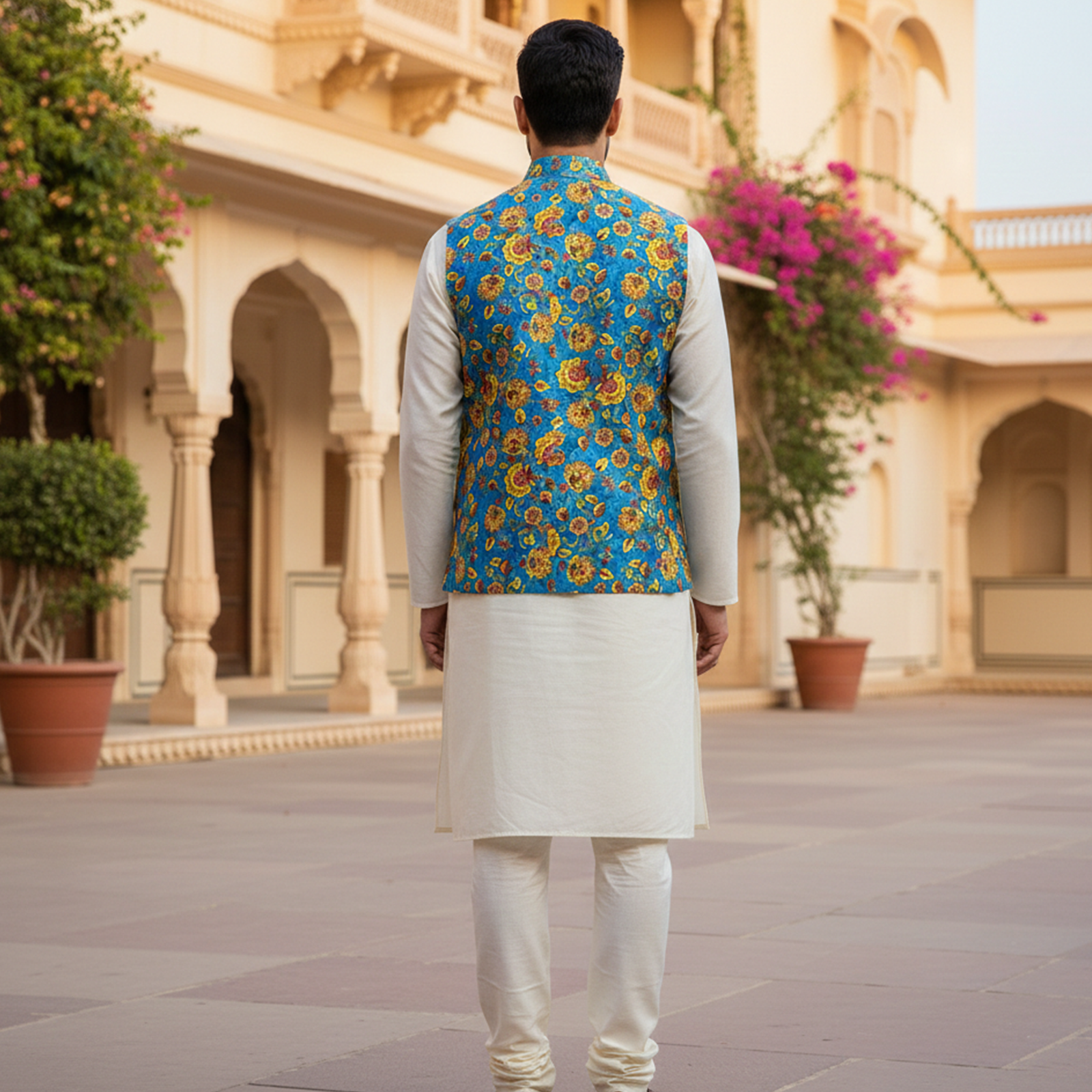 Men?s Royal Blue Floral Nehru Jacket with Ivory Kurta Pajama ? Festive Ethnic Wear - Image 4
