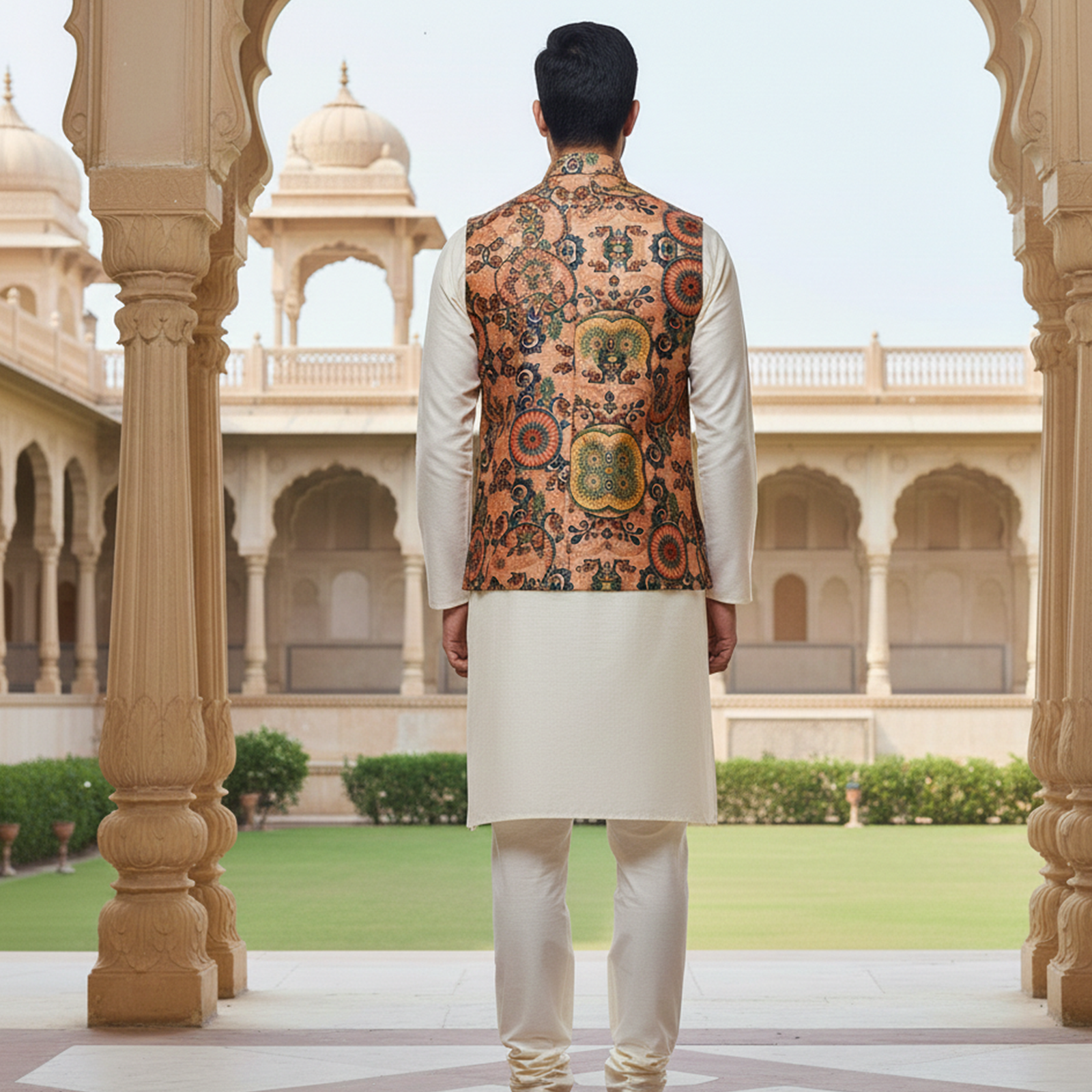 Men?s Rust Orange Printed Nehru Jacket with Ivory Kurta Pajama ? Festive Ethnic Ensemble - Image 4