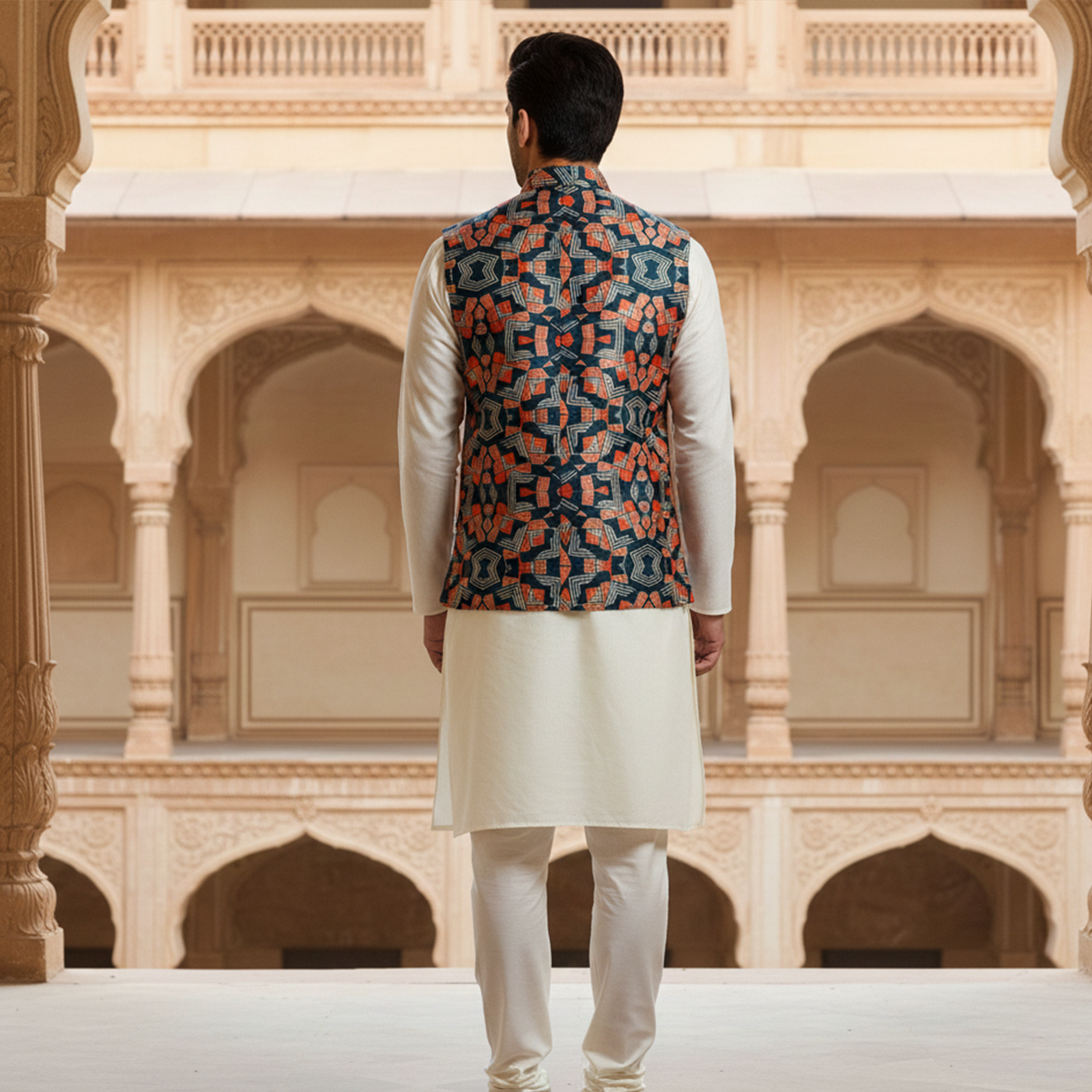 Men?s Navy Blue Geometric Printed Nehru Jacket with Ivory Kurta Pajama ? Contemporary Ethnic Wear - Image 4