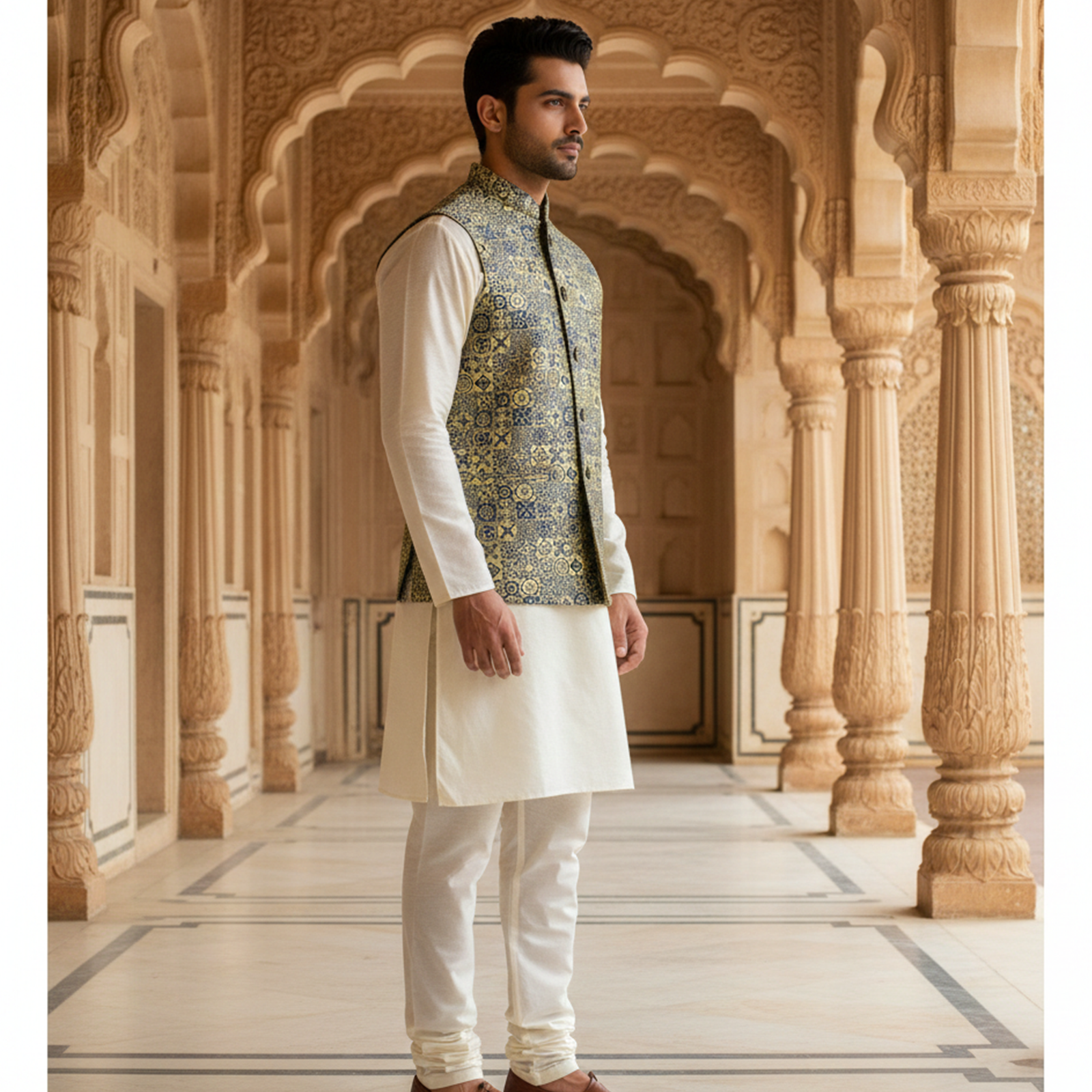 Men?s Olive Green & Gold Jacquard Nehru Jacket with Ivory Kurta Pajama ? Regal Festive Wear - Image 4